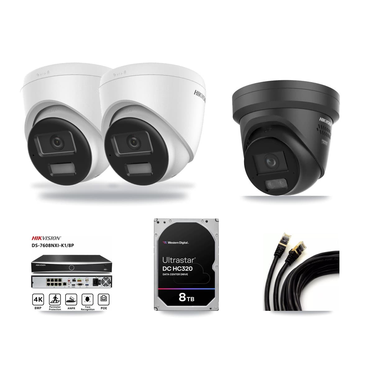 Hikvision 8-Channel 4K CCTV Kit — 2 DS-2CD1383G2 + 1 DS-2CD2387G3 Turret Cameras + 8TB Recording - Image 1