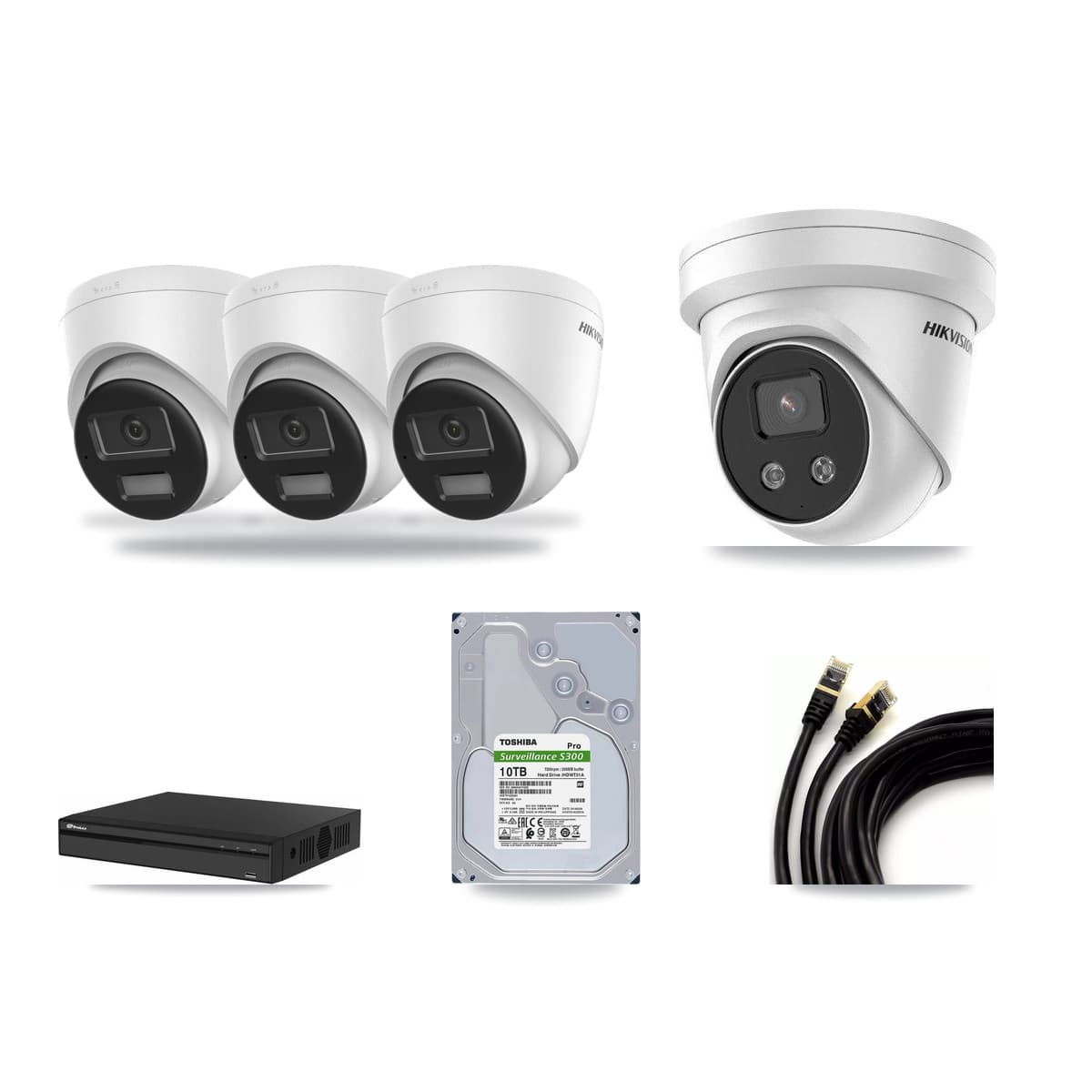 Hikvision & Prolux 4-Channel 5MP – 4K CCTV Kit — 3 DS-2CD1383G2-LIUF/SL 4K + 1 DS-2CD3356G2-ISU 5MP Turret Cameras + 10TB Recording (PXN-2104HS-4P-4K Recorder) - Image 1