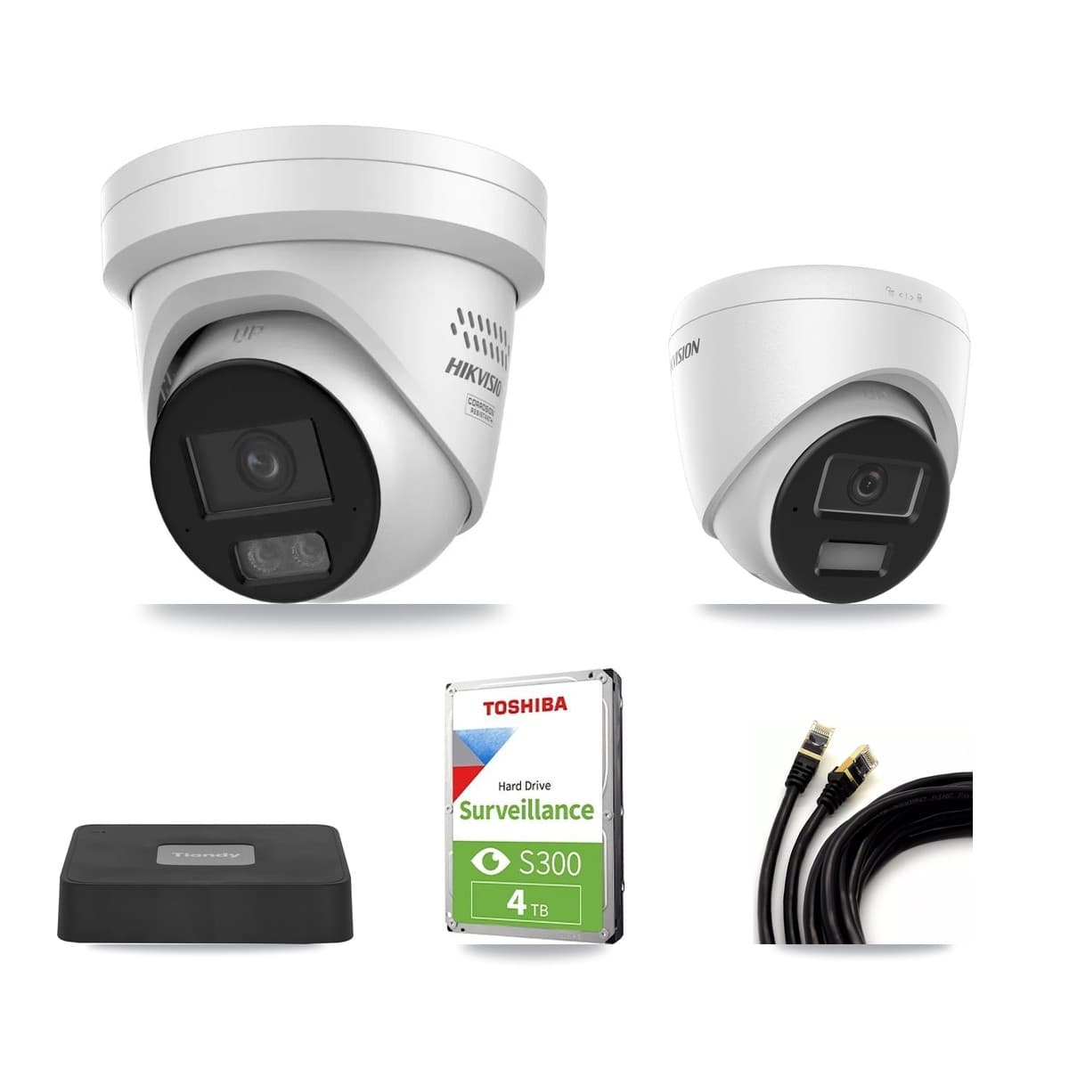 Hikvision & Tiandy 4-Channel 4MP CCTV Kit — 1 DS-2CD1343G2 + 2 DS-2CD2347G3 Turret Cameras + 4TB Recording
