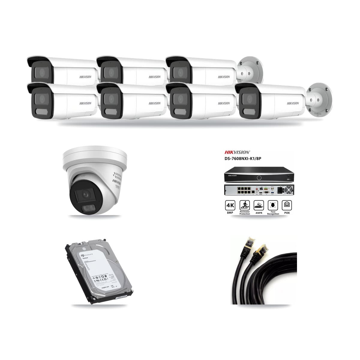 Hikvision 8-Channel 4MP CCTV Kit — 1 DS-2CD2347G3 Turret + 7 DS-2CD2T47G2H Bullet Cameras + 6TB Recording - Image 1