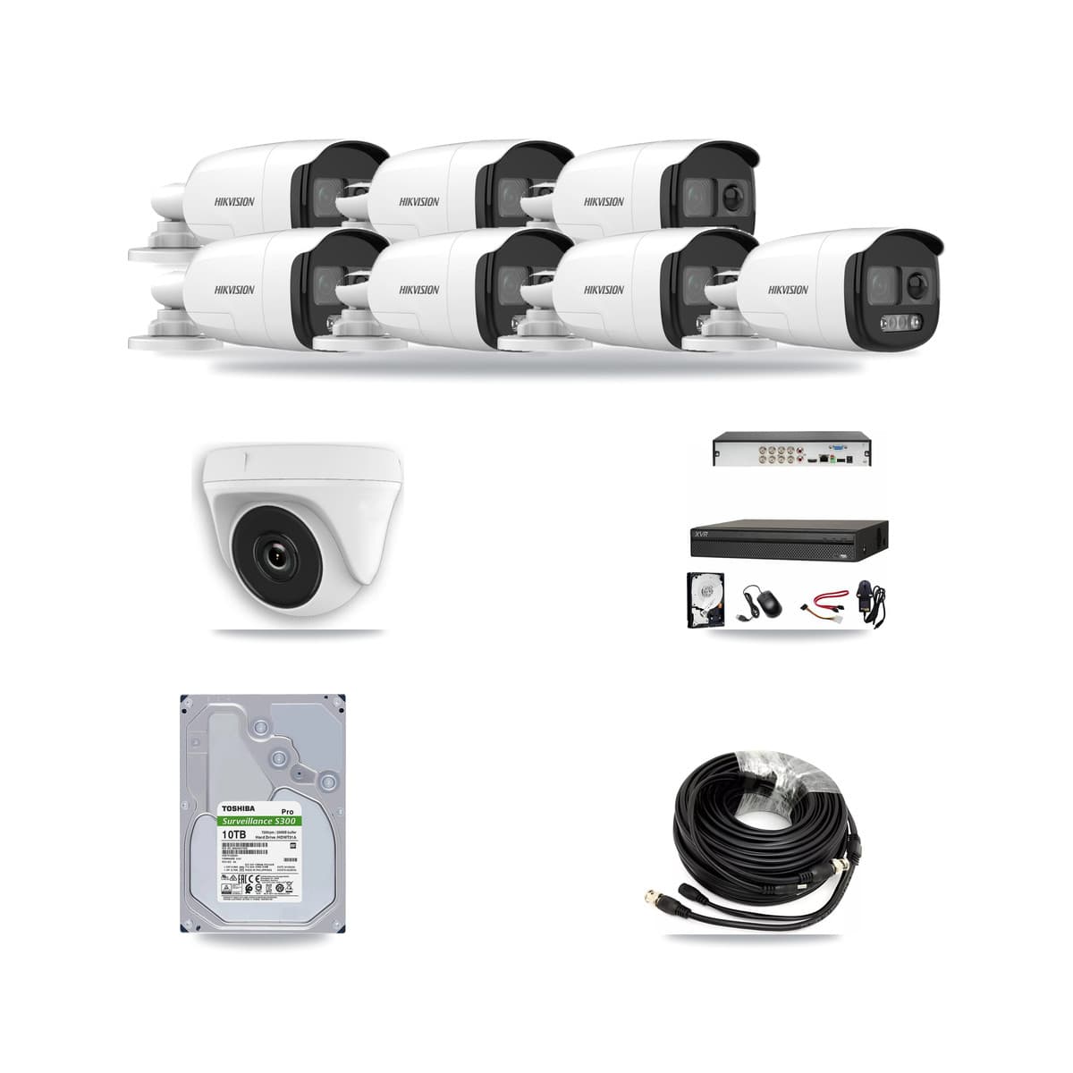 Hikvision & Dahua 8-Channel 2MP – 5MP CCTV Kit — 7 5MP Bullet + 1 White 2MP Dome Cameras + 10TB Recording (XVR-3108AD Recorder) - Image 1