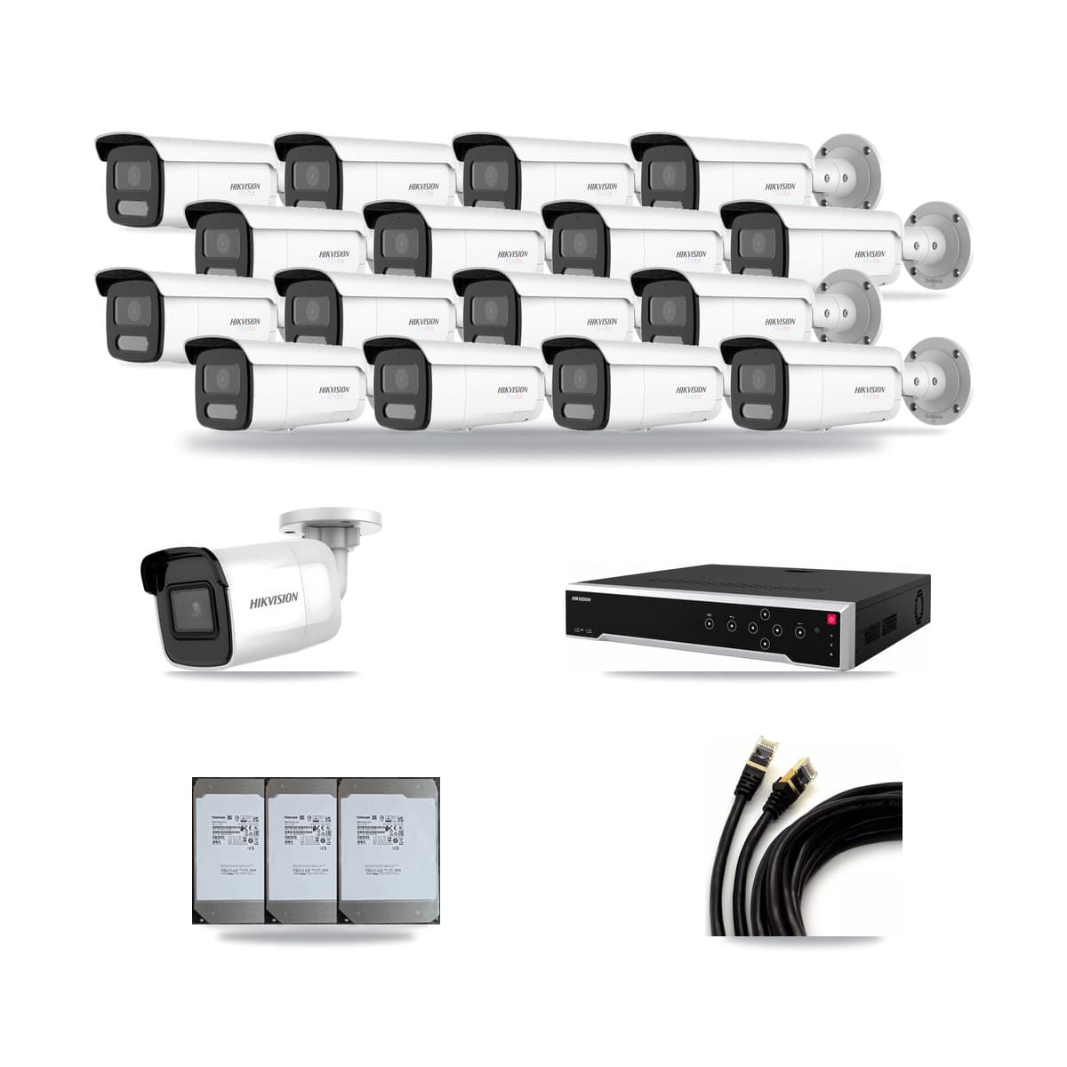 Hikvision 32-Channel 4K CCTV Kit — 1 DS-2CD2085G1 + 16 DS-2CD2T87G2H Bullet Cameras + 3× 14TB Recording - Image 1