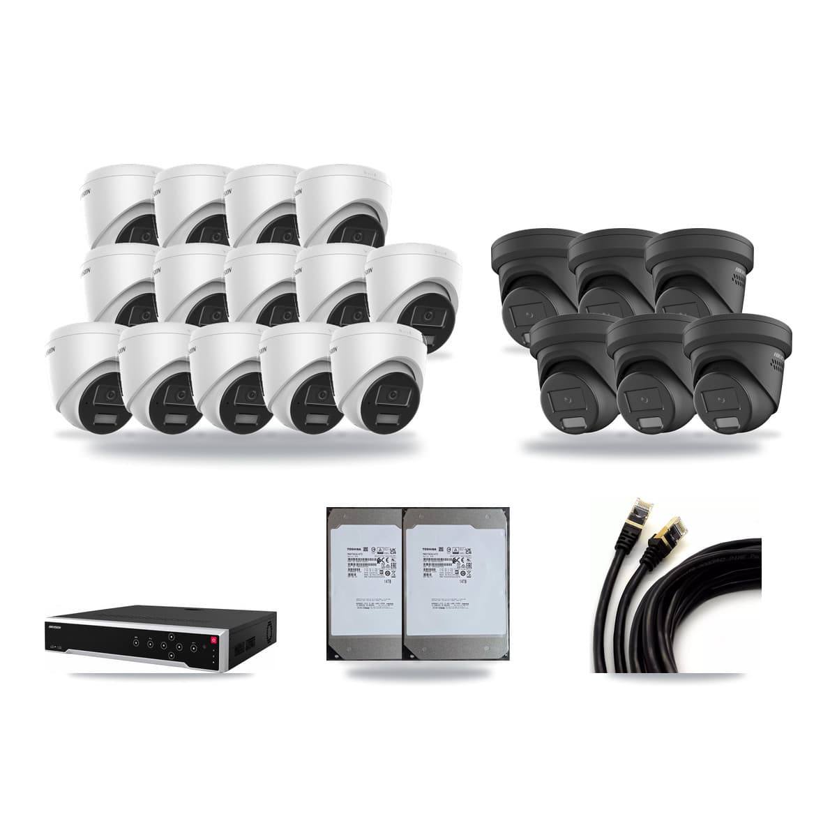 Hikvision 32-Channel 4MP CCTV Kit — 14 DS-2CD1343G2 + 6 DS-2CD2347G2 Turret Cameras + 2× 14TB Recording - Image 1