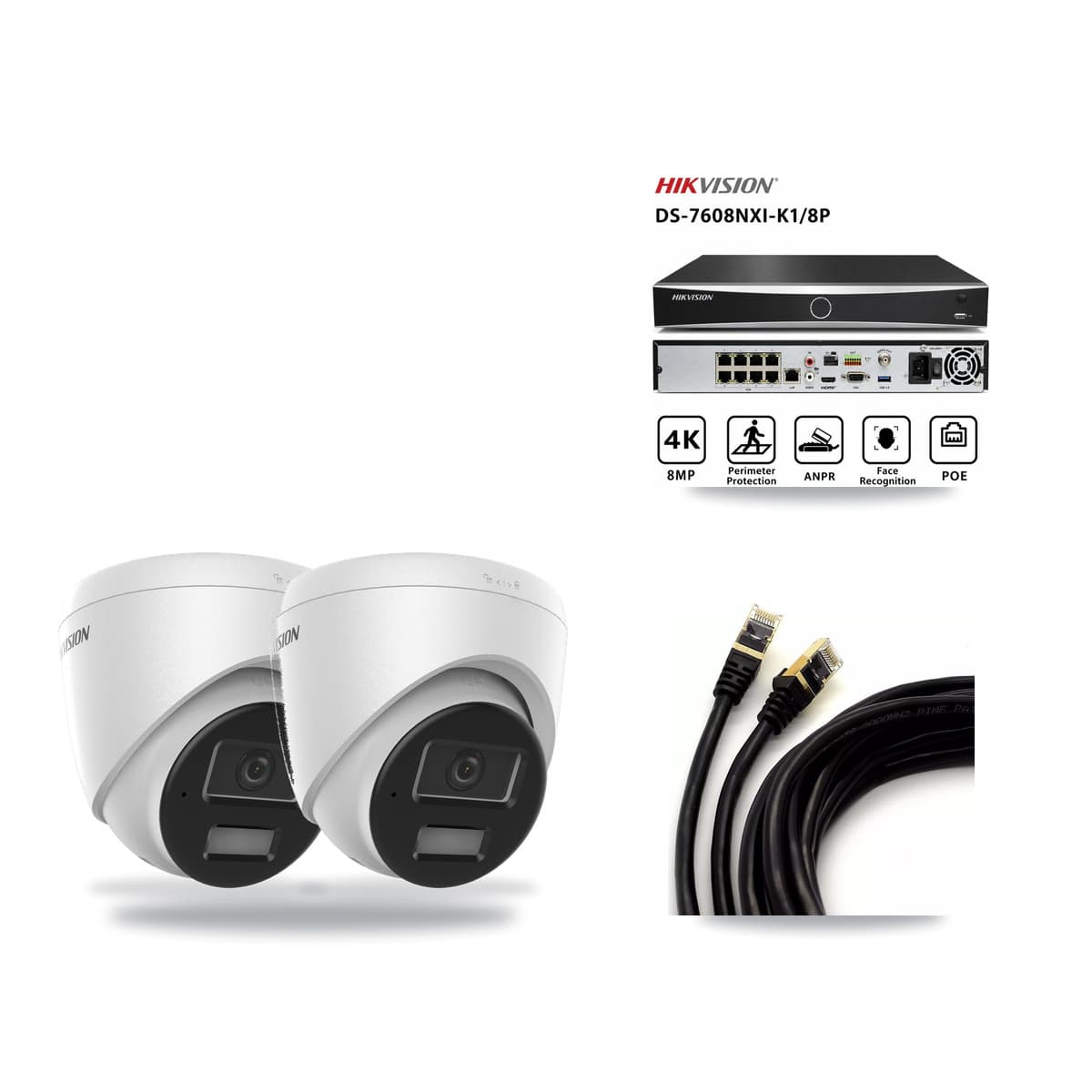Hikvision 8-Channel 4MP CCTV Kit — 2 DS-2CD1343G2 Turret Cameras + 3TB Recording (DS-7608NXI Recorder) - Image 1