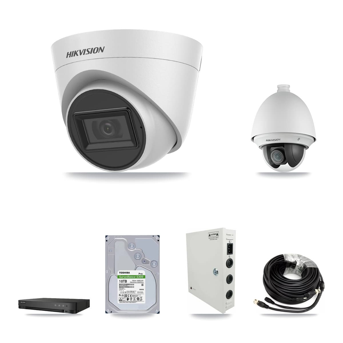 Hikvision 8-Channel 2MP – 5MP CCTV Kit — 1 2MP PTZ + 7 White 5MP Turret Cameras + 10TB Recording (IDS-7208HQHI Recorder)