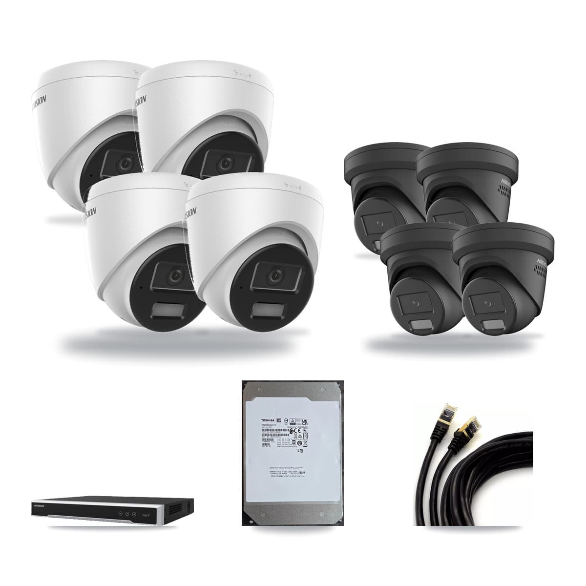 Hikvision 8-Channel 4MP CCTV Kit — 4 DS-2CD1343G2 + 4 DS-2CD2347G2 Turret Cameras + 14TB Recording - Image 1
