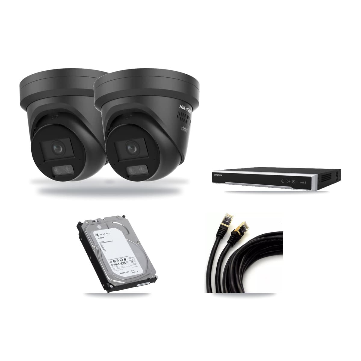 Hikvision 8-Channel 4K CCTV Kit — 2 Black DS-2CD2387G3 Turret Cameras + 6TB Recording (DS-7608NI-M2 Recorder) - Image 1