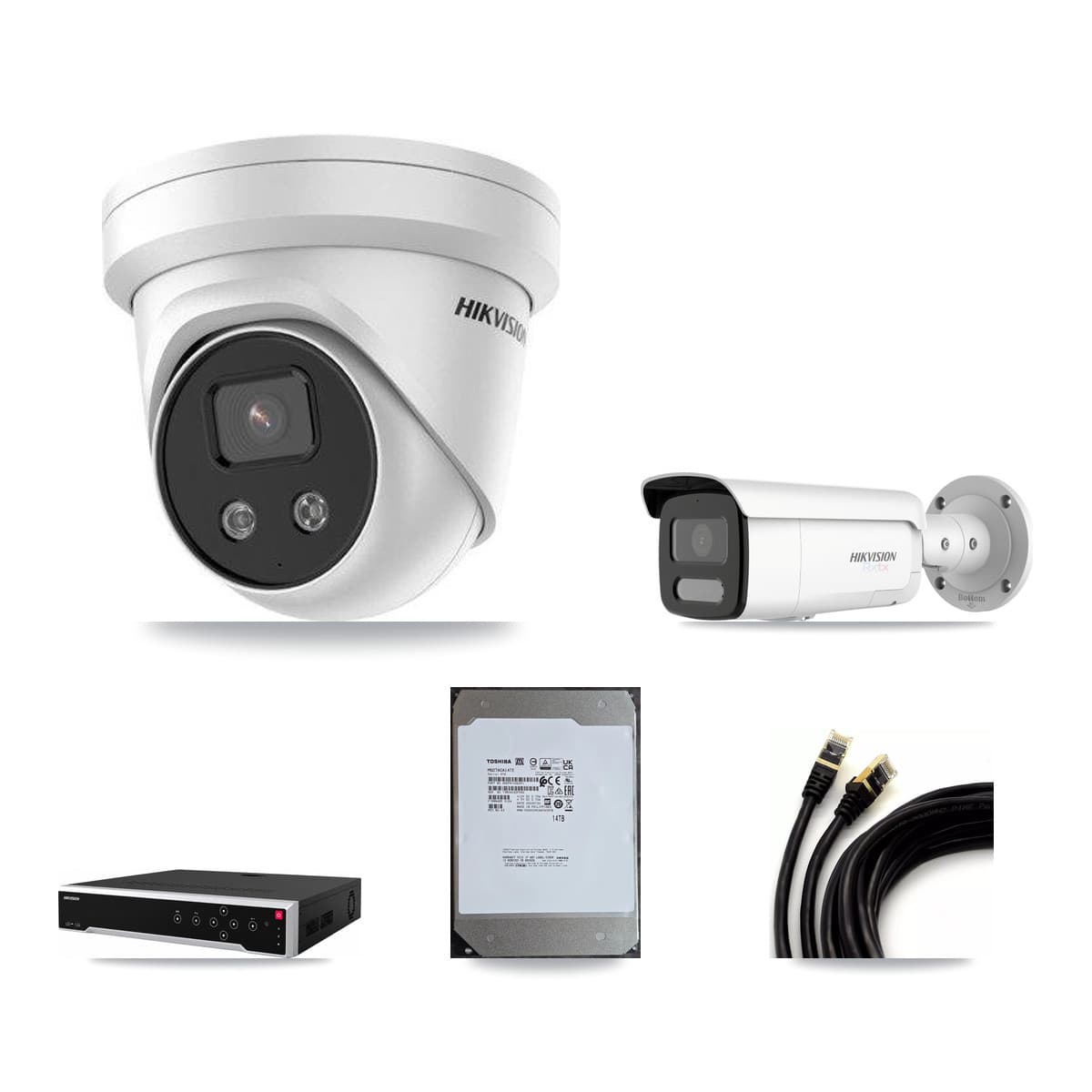 Hikvision 32-Channel 5MP – 4K CCTV Kit — 5 4K Bullet + 11 5MP Turret Cameras + 2× 14TB Recording