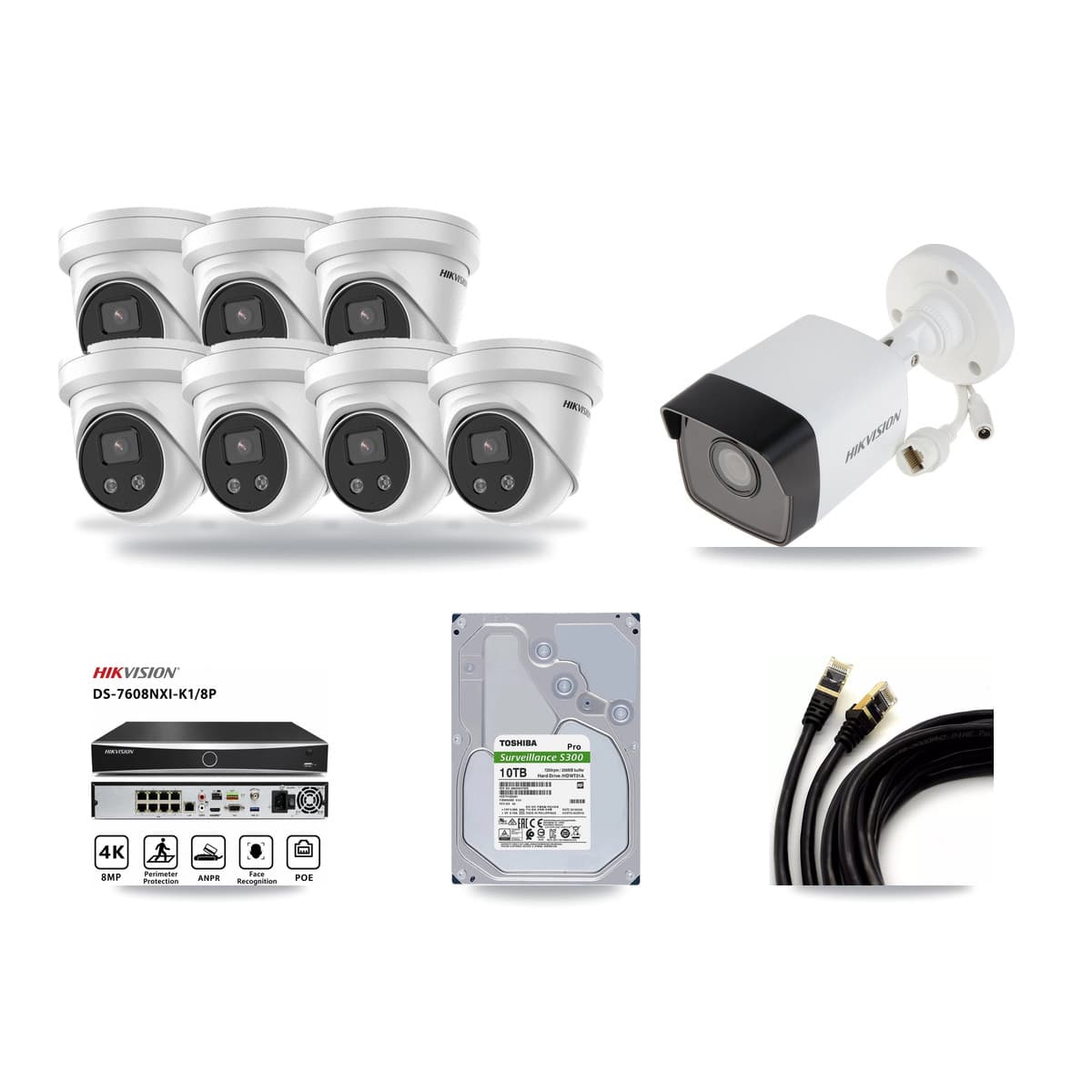 Hikvision 8-Channel 5MP CCTV Kit — 1 DS-2CD1053G0 Bullet + 7 DS-2CD3356G2 Turret Cameras + 10TB Recording - Image 1