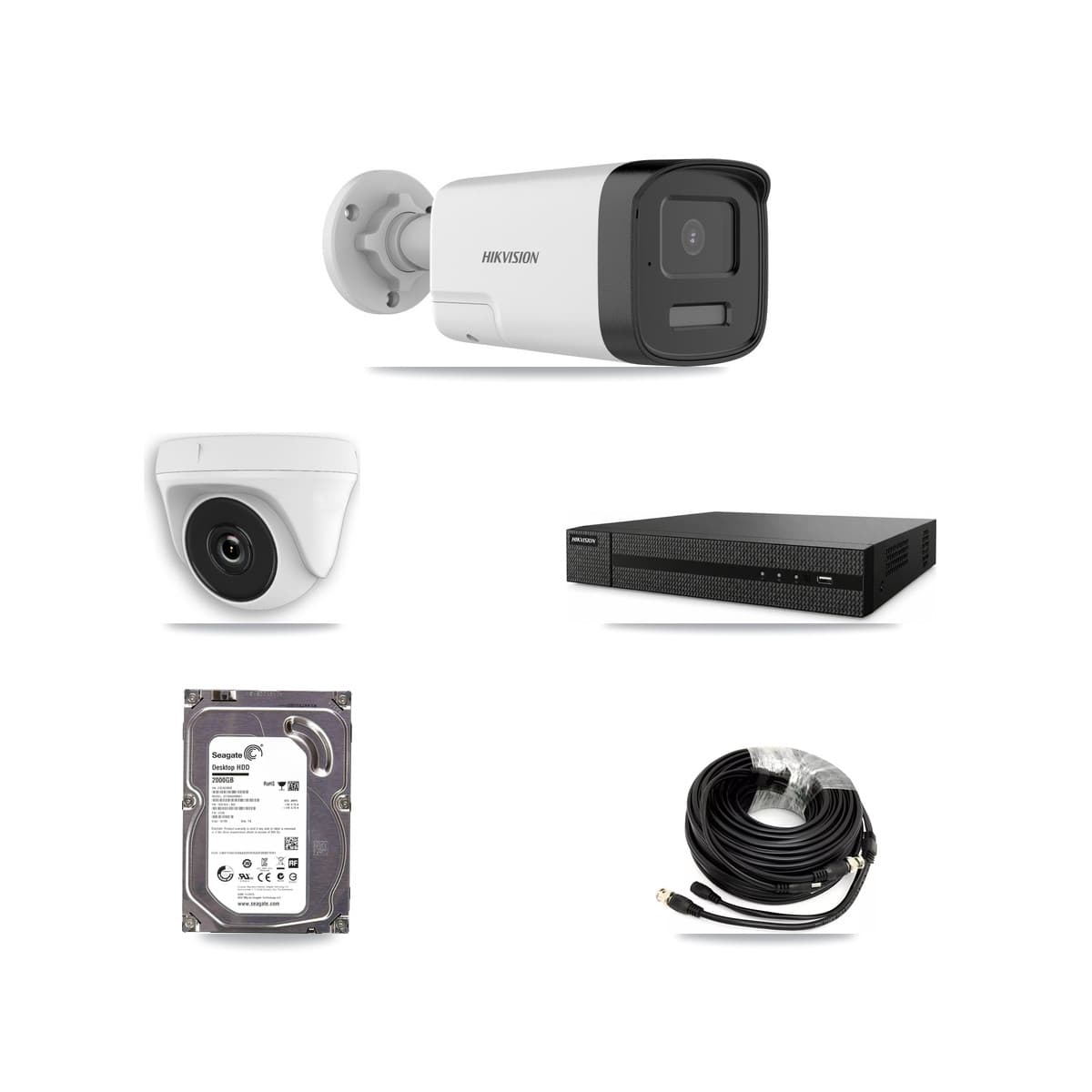 Hikvision 8-Channel 2MP – 5MP CCTV Kit — 1 DS-2CE17K0T 5MP Bullet + 1 White HDT-2MP-N20W 2MP Dome Cameras + 2TB Recording (DVR-8CH Recorder)