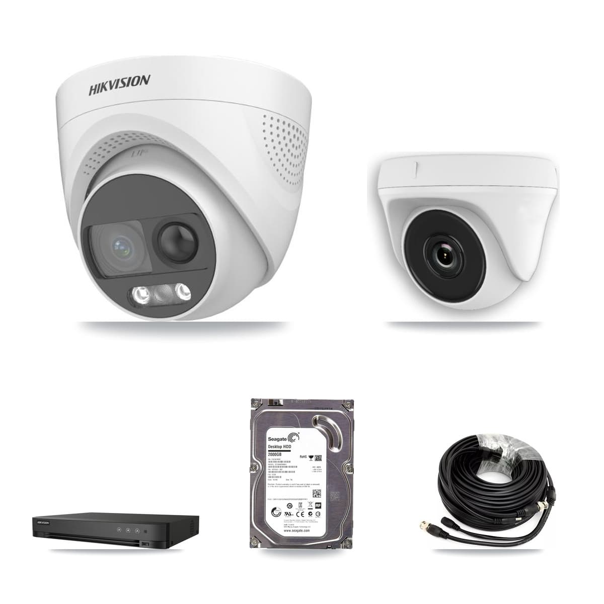 Hikvision 4-Channel 2MP – 5MP CCTV Kit — 1 DS-2CE72KF3T 5MP Turret + 1 White HDT-2MP-N20W 2MP Dome Cameras + 2TB Recording (IDS-7204HUHI Recorder) - Image 1