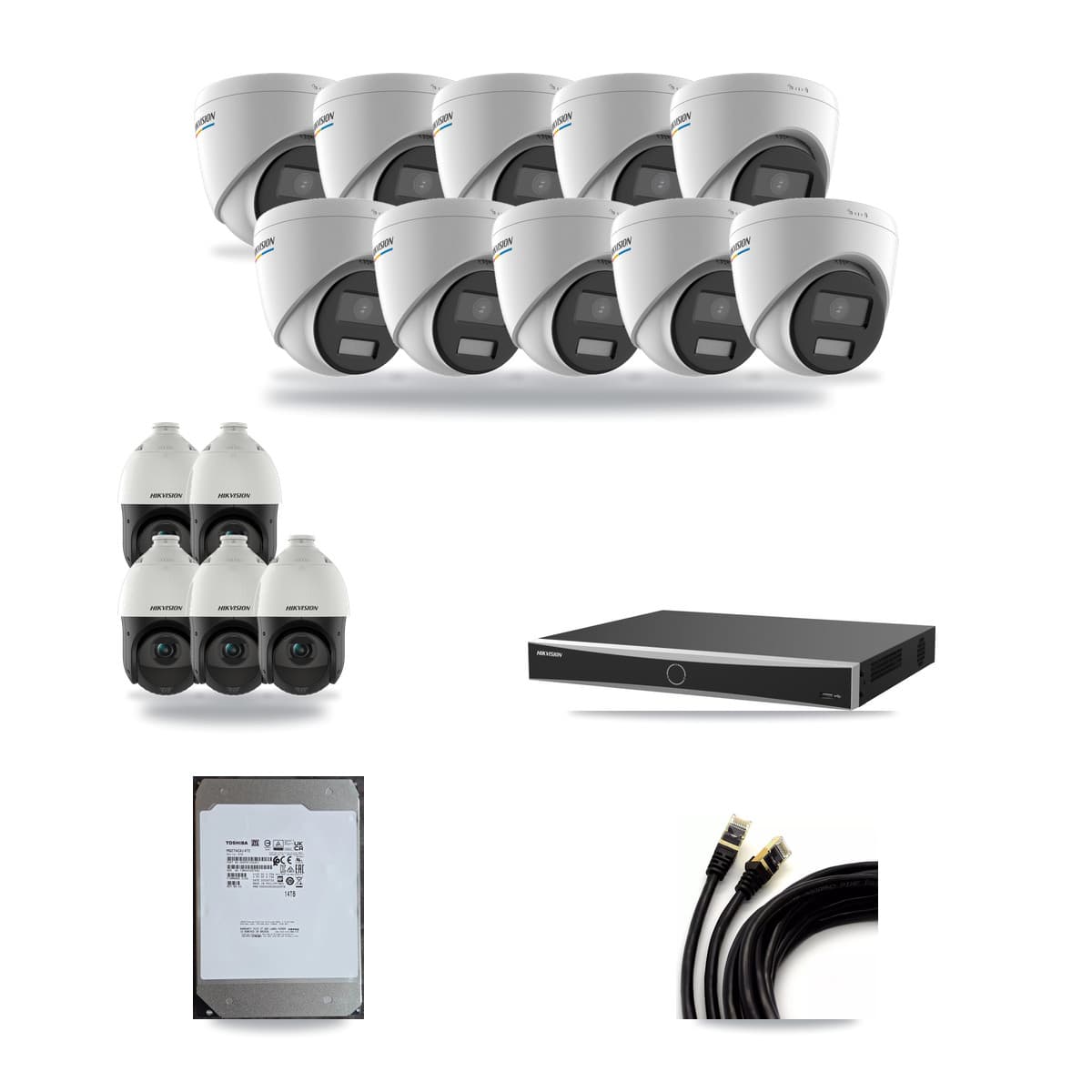 Hikvision 16-Channel 2MP – 4MP CCTV Kit — 10 2MP Turret + 5 4MP PTZ Cameras + 14TB Recording (DS-7616NXI Recorder) - Image 1