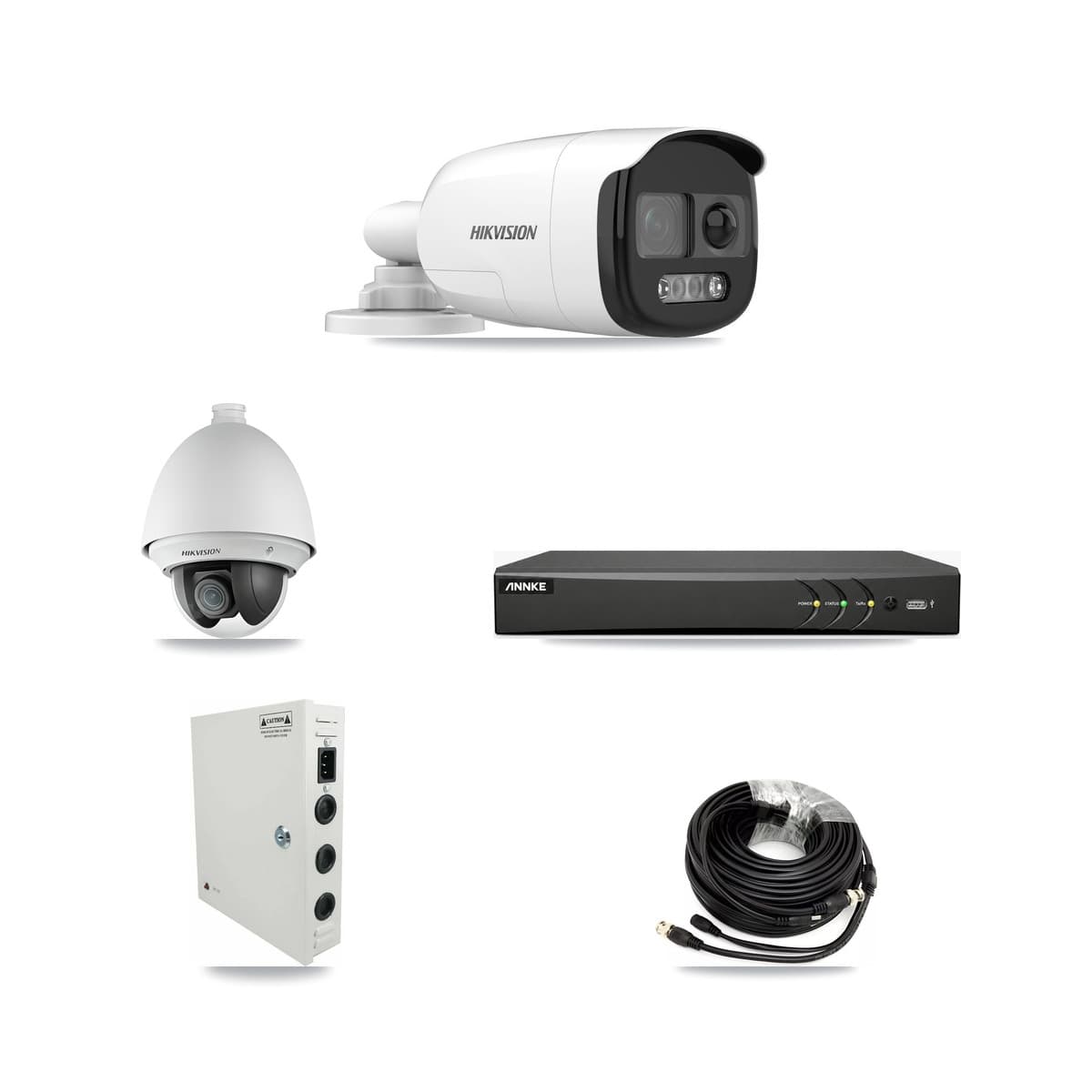 Hikvision & ANNKE 4-Channel 2MP – 5MP CCTV Kit — 1 DS-2AE4225T 2MP PTZ + 2 DS-2CE12KF3T 5MP Bullet Cameras + 3TB Recording