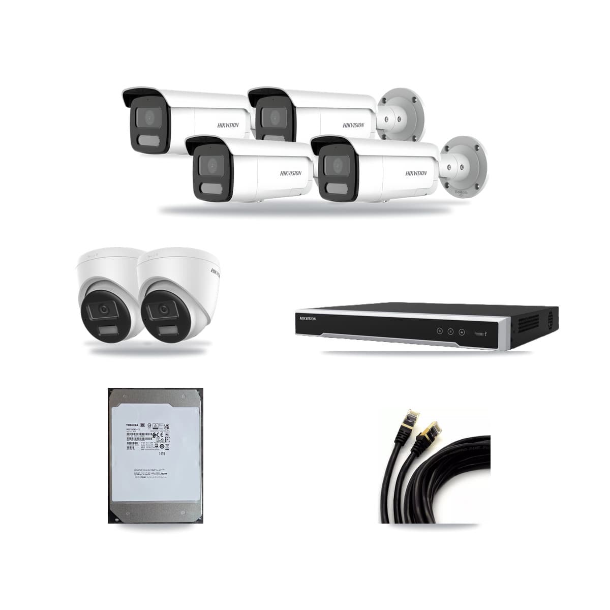 Hikvision 8-Channel 4MP – 4K CCTV Kit — 2 DS-2CD1383G2-LIUF/SL 4K Turret + 4 DS-2CD2T47G2H-LISU/SL 4MP Bullet Cameras + 14TB Recording (DS-7608NI-M2/8P Recorder) - Image 1