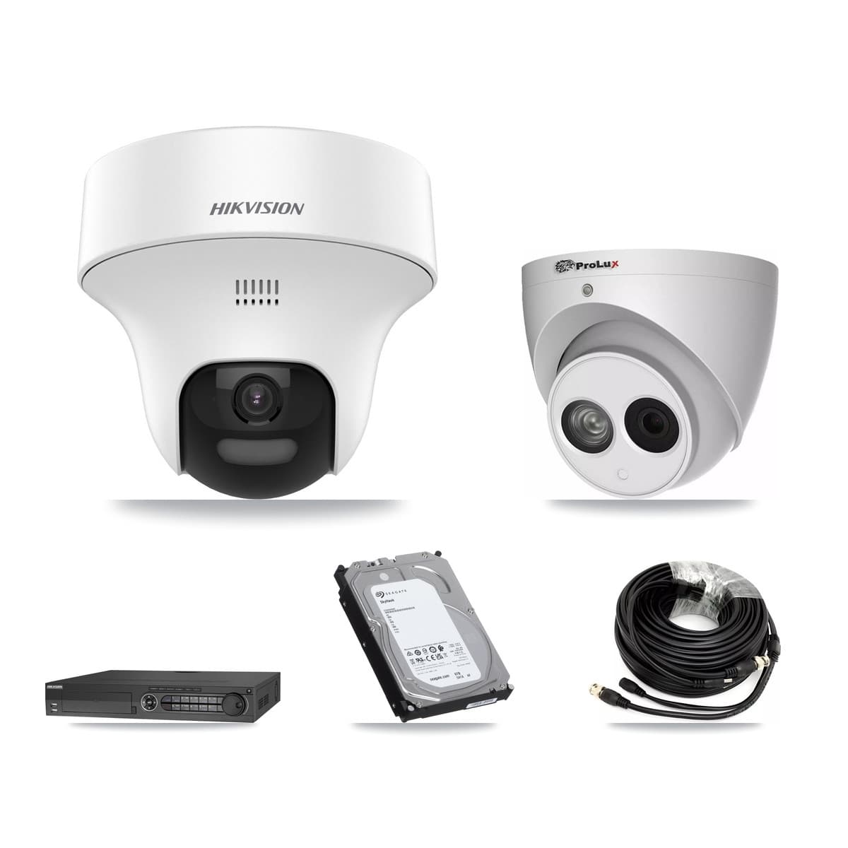 Hikvision & Prolux 32-Channel 4MP – 5MP CCTV Kit — 7 DS-2CE70K0T 5MP + 1 PXC-612C4W-A 4MP Turret Cameras + 2× 6TB Recording