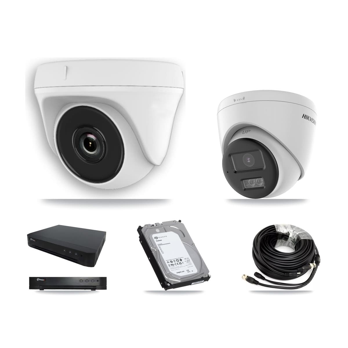 Hikvision & Prolux 16-Channel 2MP – 5MP CCTV Kit — 2 DS-2CE78K0T-LTS 5MP Turret + 5 White HDT-2MP-N20W-2.8MM 2MP Dome Cameras + 6TB Recording (PXD-8216-HYK4MP Recorder) - Image 1