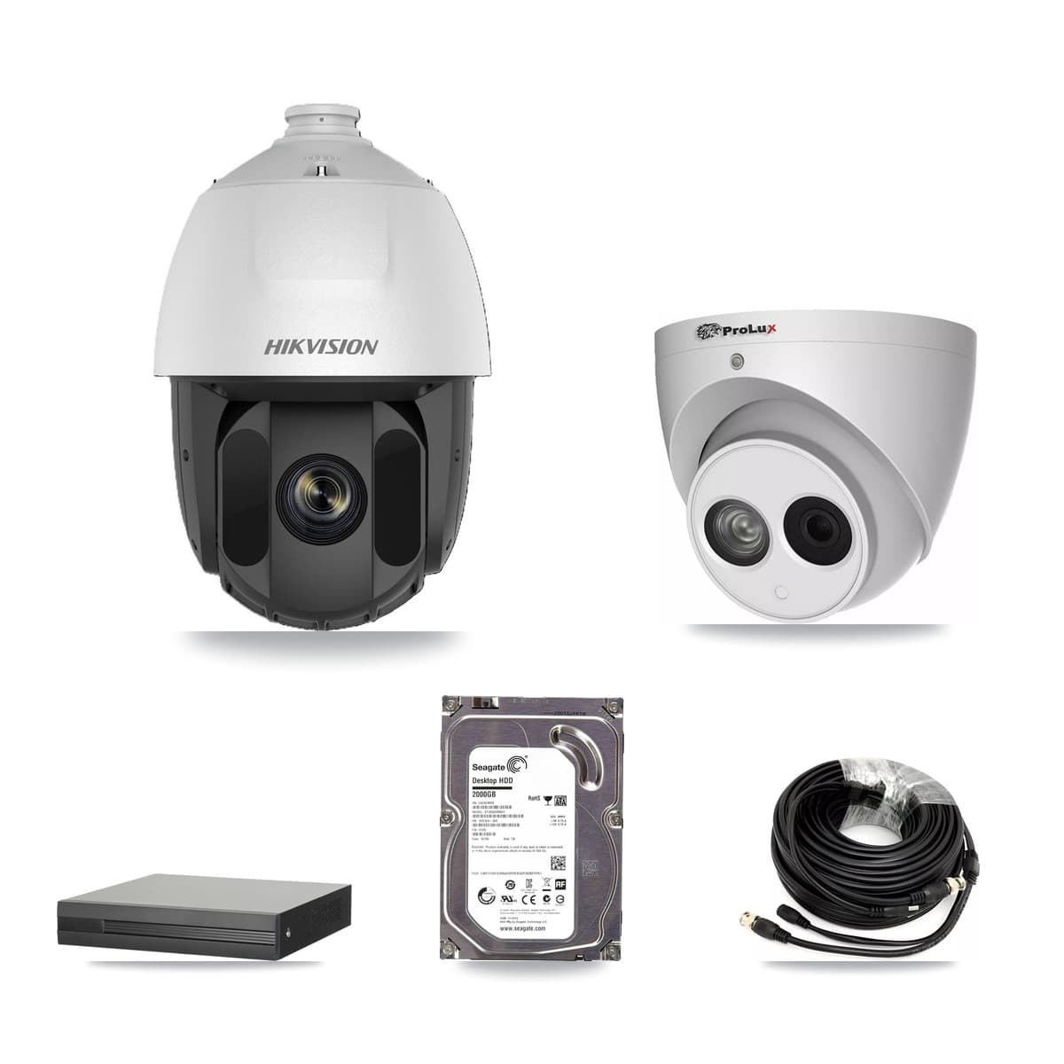 Hikvision & Prolux 4-Channel 2MP – 4MP CCTV Kit — 1 DS-2AE5225TI 2MP PTZ + 1 PXC-612C4W-A 4MP Turret Cameras + 2TB Recording (XVR-3104HS Recorder)