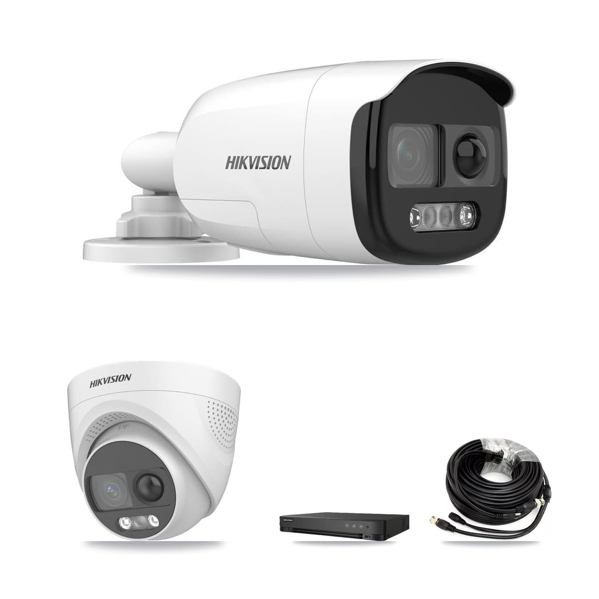 Hikvision 8-Channel 5MP CCTV Kit — 1 DS-2CE12KF3T-PIRXO Bullet + 1 DS-2CE72KF3T-PIRXO Turret Cameras + 3TB Recording (IDS-7208HUHI-M1/E Recorder)