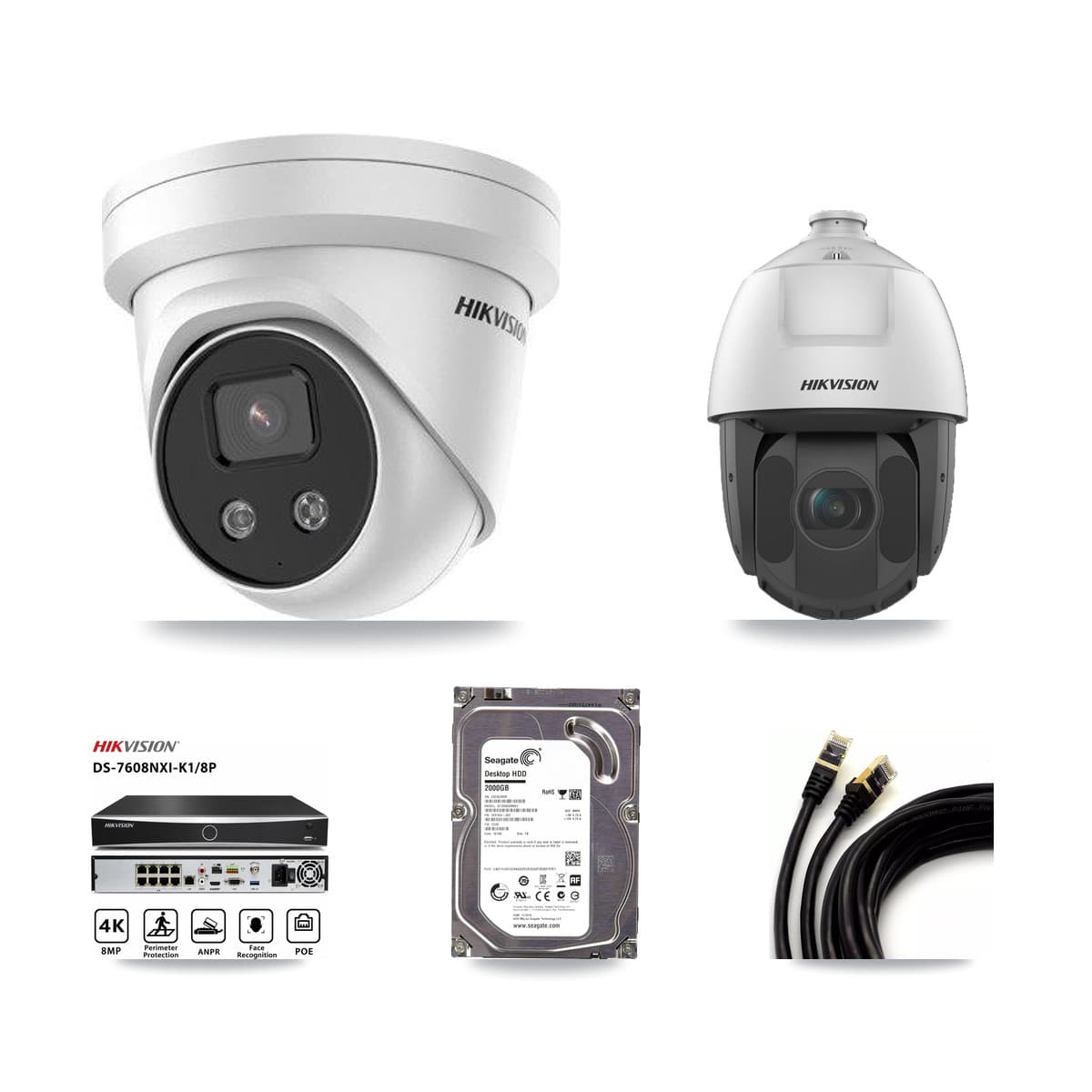 Hikvision 8-Channel 2MP – 5MP CCTV Kit — 1 5MP Turret + 1 2MP PTZ Cameras + 2TB Recording (DS-7608NXI Recorder)