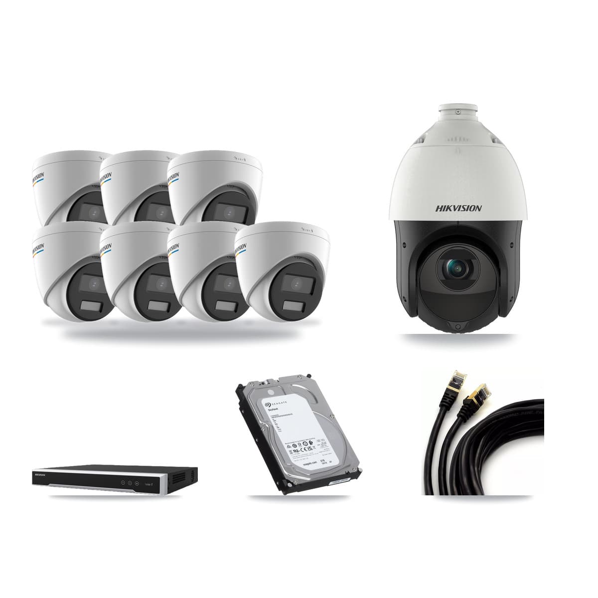Hikvision 16-Channel 2MP – 4MP CCTV Kit — 7 2MP Turret + 1 4MP PTZ Cameras + 6TB Recording (DS-7616NI-M2 Recorder) - Image 1