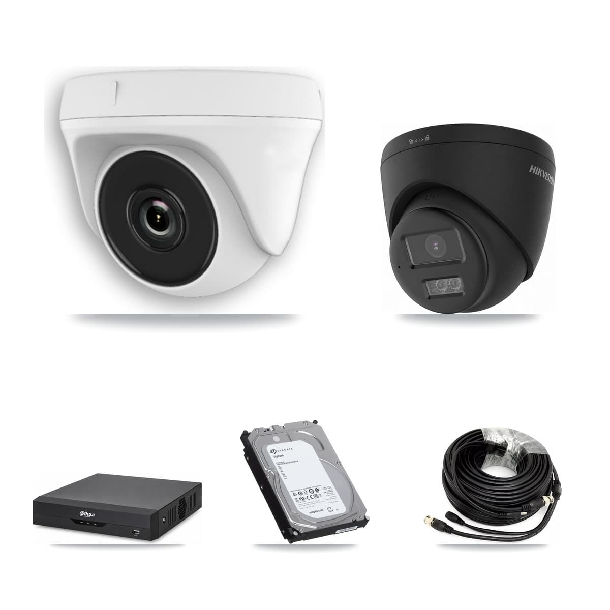 Hikvision & Dahua 4-Channel 2MP – 4K CCTV Kit — 1 Black 4K Turret + 3 White 2MP Dome Cameras + 6TB Recording