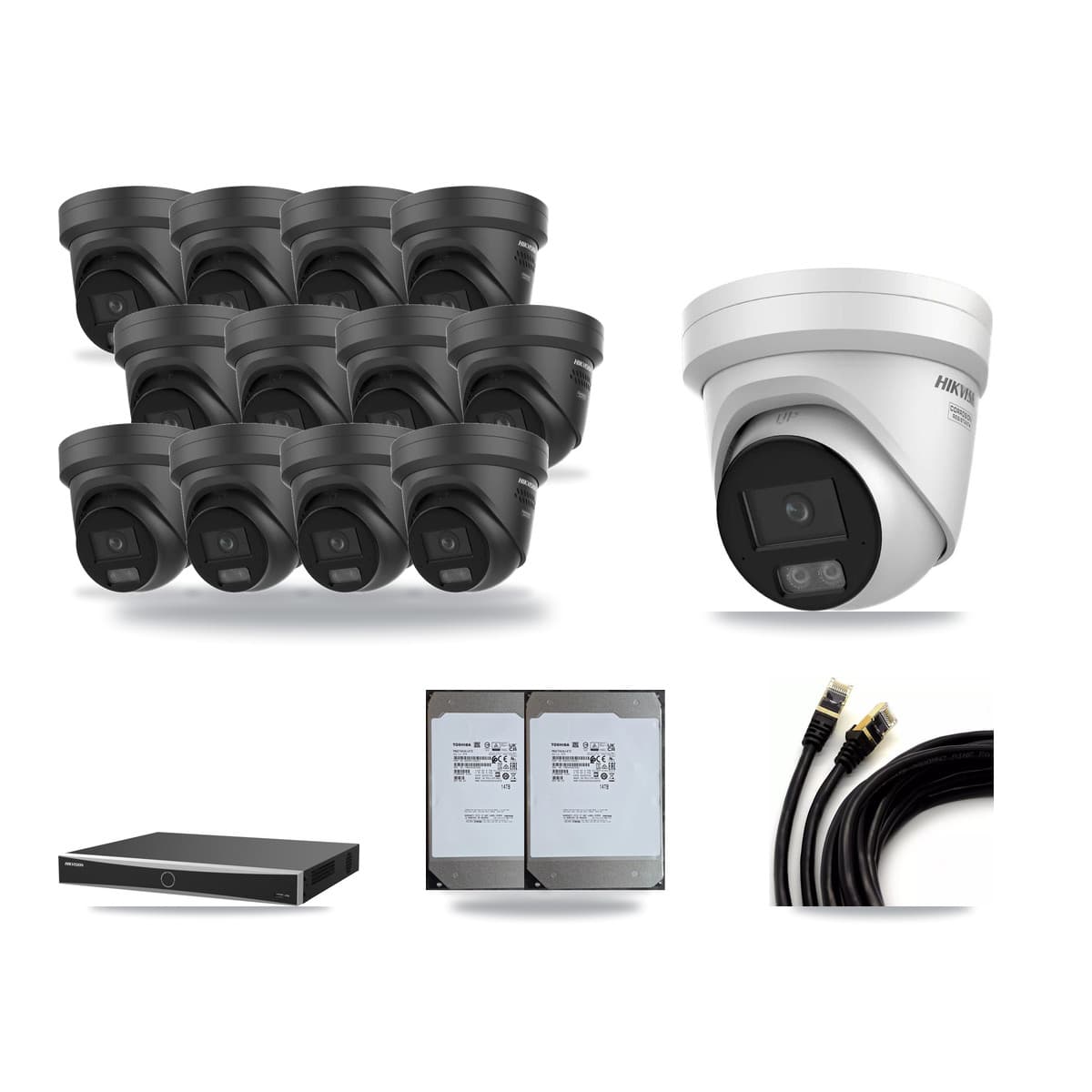 Hikvision 16-Channel 4K CCTV Kit — 1 + 12 Black Turret Cameras + 2× 14TB Recording (DS-7616NXI Recorder) - Image 1