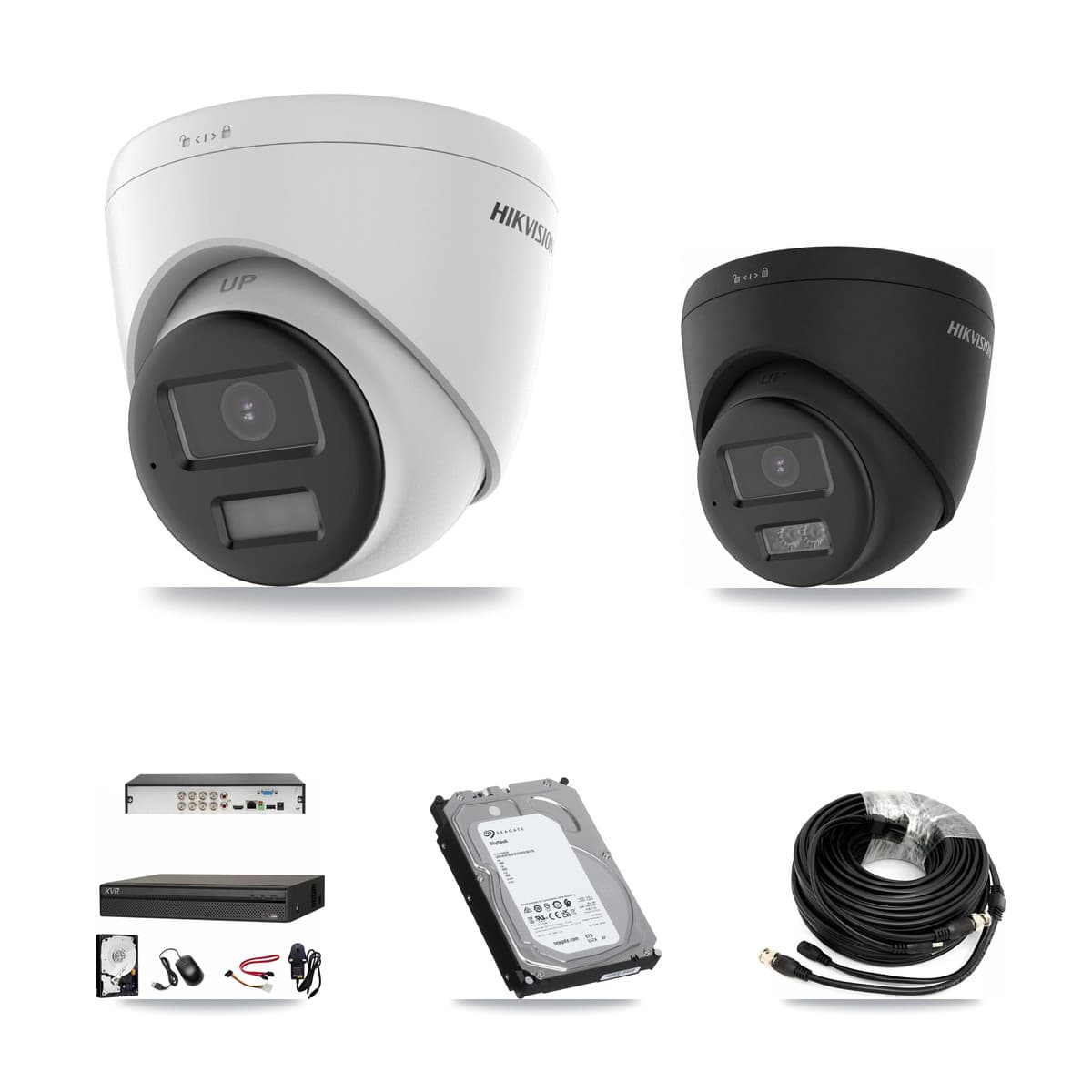 Hikvision & Dahua 8-Channel 5MP – 4K CCTV Kit — 7 DS-2CE78K0T-LPTS 5MP + 1 Black DS-2CE78U0T-LTS-BLACK 4K Turret Cameras + 6TB Recording (XVR-3108AD-4K Recorder)