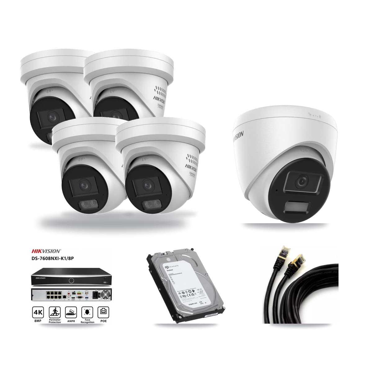 Hikvision 8-Channel 4MP CCTV Kit — 1 DS-2CD1343G2 + 4 DS-2CD2347G3 Turret Cameras + 6TB Recording (DS-7608NXI Recorder) - Image 1