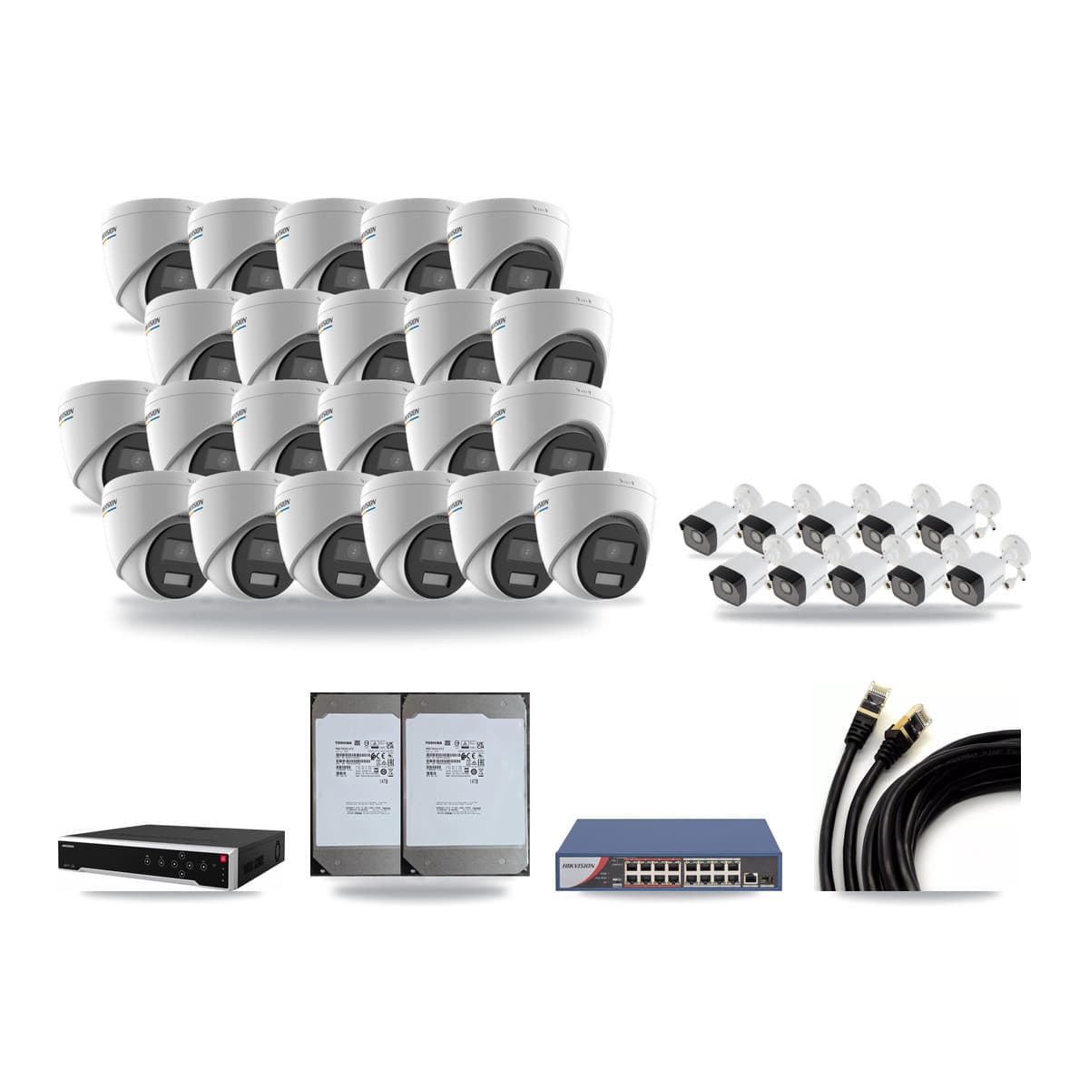Hikvision 32-Channel 2MP – 5MP CCTV Kit — 10 5MP Bullet + 22 2MP Turret Cameras + 2× 14TB Recording - Image 1