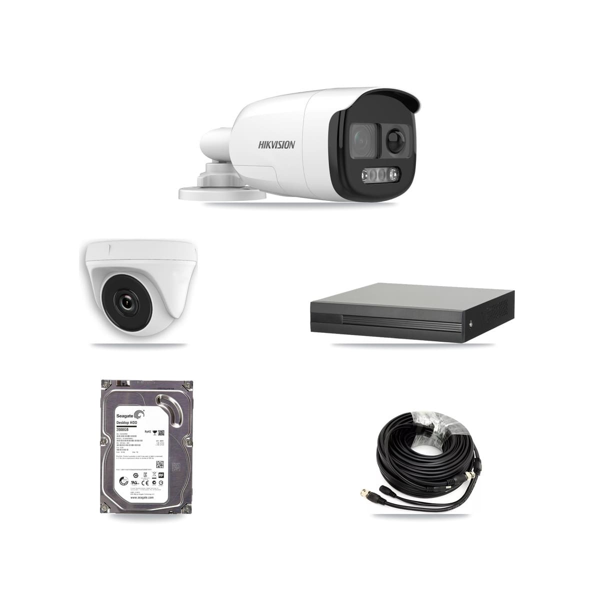 Hikvision 4-Channel 2MP – 5MP CCTV Kit — 1 DS-2CE12KF3T 5MP Bullet + 1 White HDT-2MP-N20W 2MP Dome Cameras + 2TB Recording (XVR-3104HS Recorder)