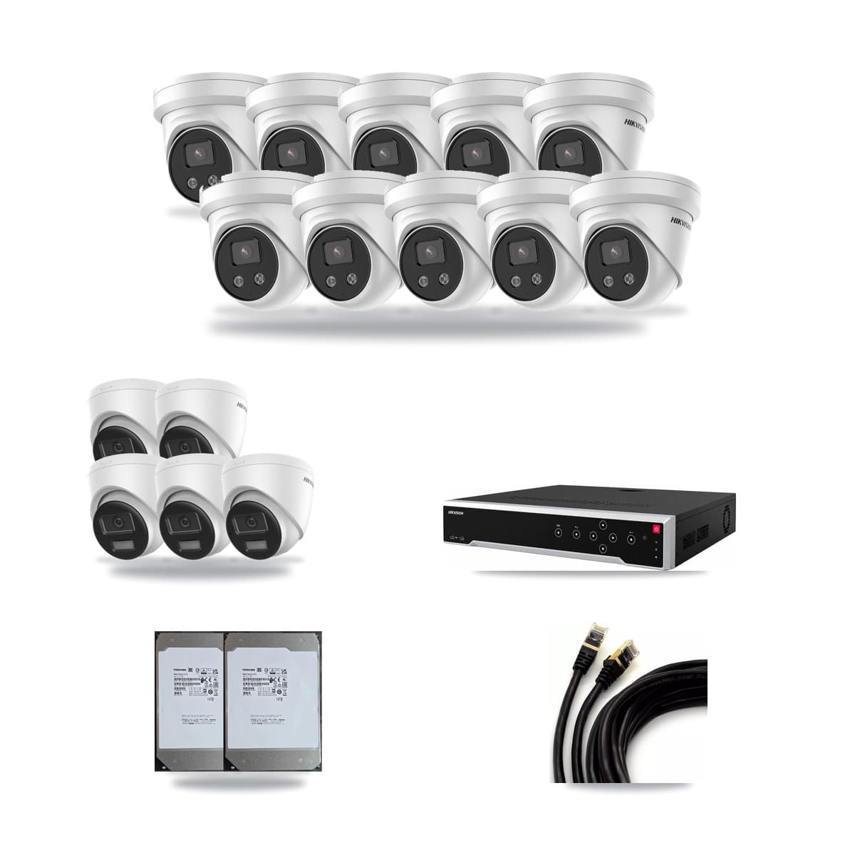 Hikvision 32-Channel 5MP – 4K CCTV Kit — 5 DS-2CD1383G2-LIU 4K + 10 DS-2CD3356G2-ISU 5MP Turret Cameras + 2× 14TB Recording (DS-7732NI-M4/24P Recorder) - Image 1