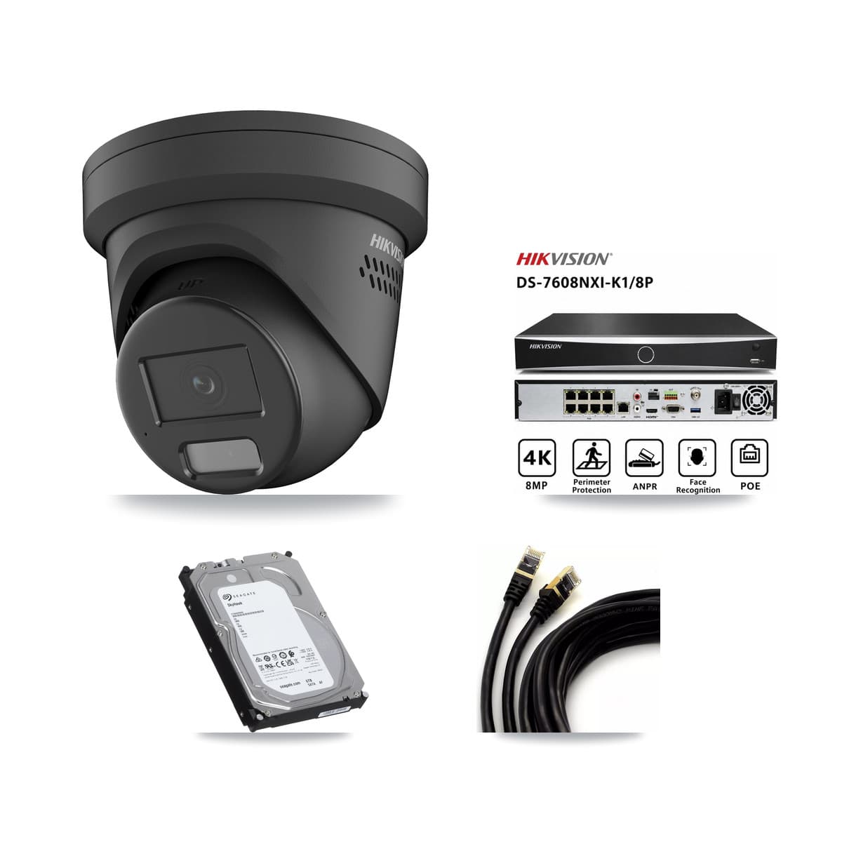 Hikvision 8-Channel 4MP CCTV Kit — 6 Black Turret Cameras + 6TB Recording (DS-7608NXI Recorder)