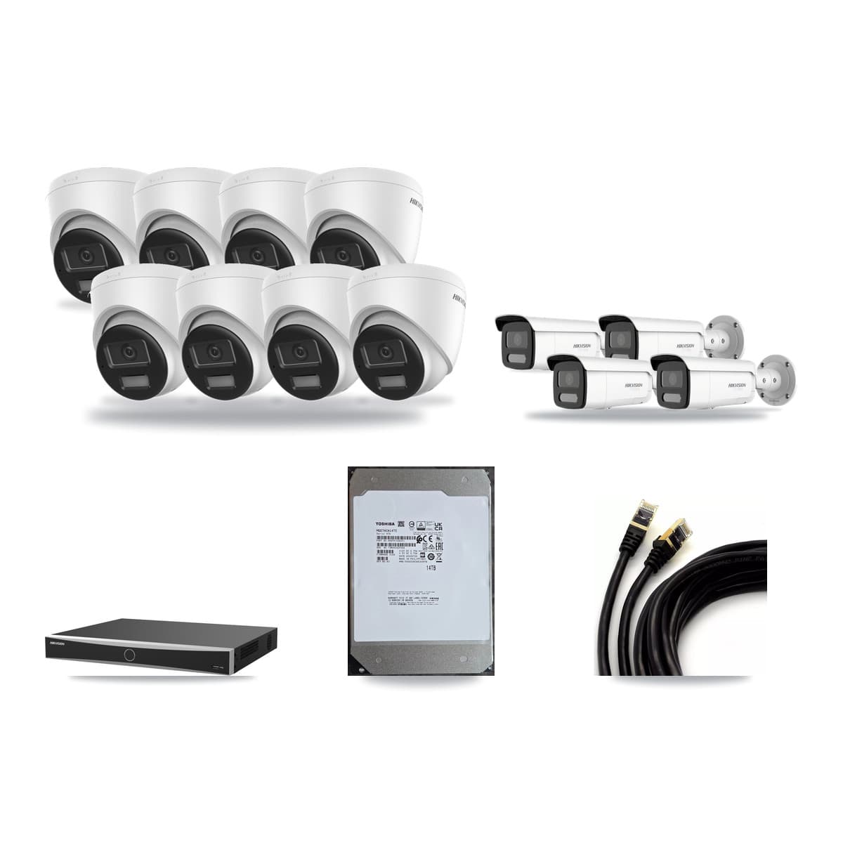 Hikvision 16-Channel 4K CCTV Kit — 8 DS-2CD1383G2-LIU Turret + 4 White DS-2CD2T87G2H-LISU/SL-2.8MM-W Bullet Cameras + 14TB Recording (DS-7616NXI-K2/16P(E) Recorder) - Image 1