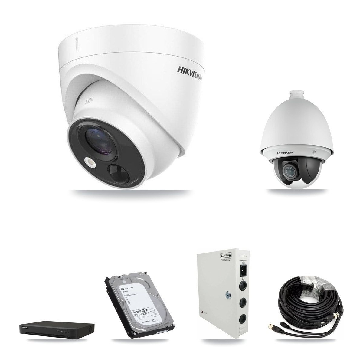 Hikvision 8-Channel 2MP – 5MP CCTV Kit — 1 DS-2AE4225T-A 2MP PTZ + 4 DS-2CE71H0T-PIRLO 5MP Turret Cameras + 6TB Recording (IDS-7208HUHI-M1/XT Recorder) - Image 1