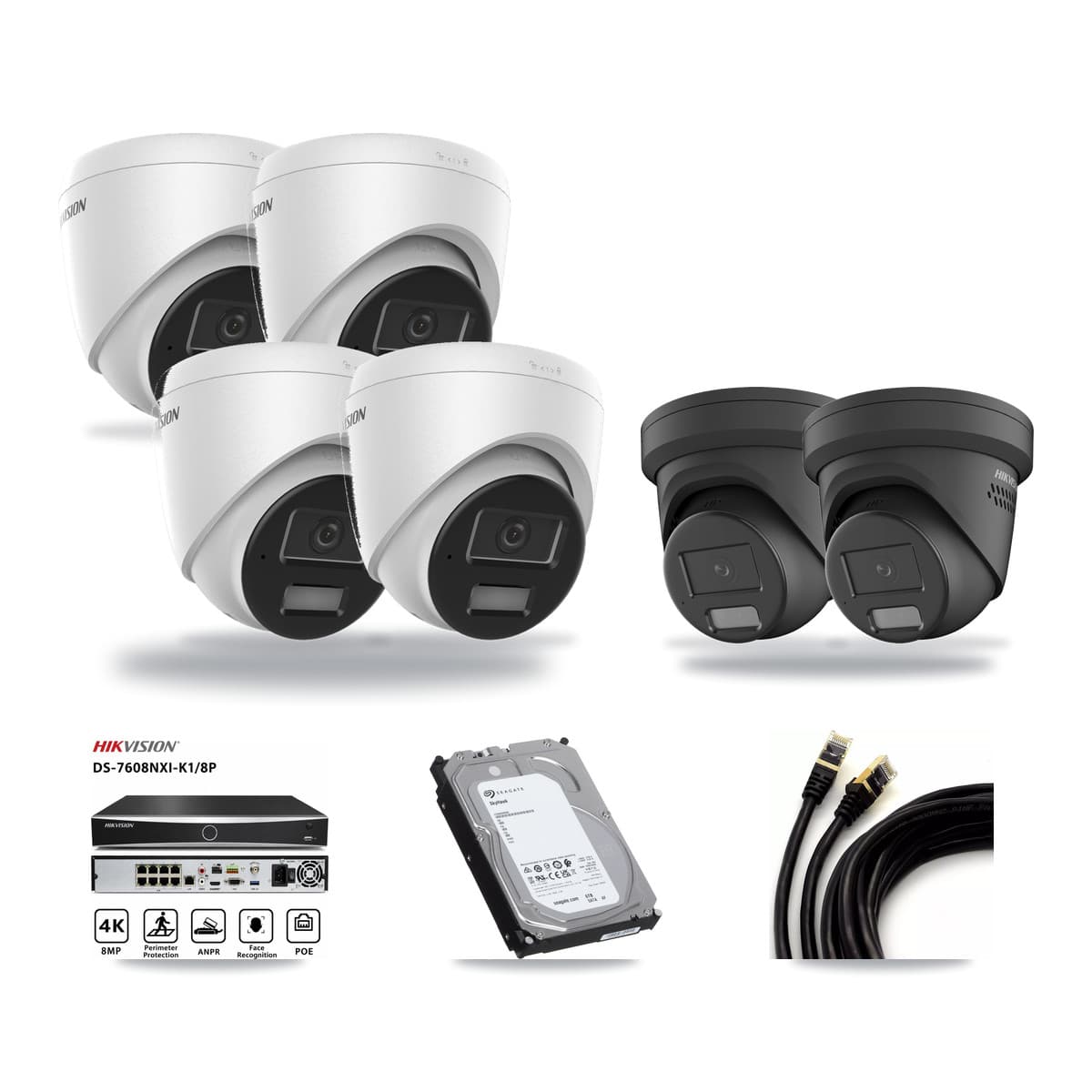 Hikvision 8-Channel 4MP CCTV Kit — 4 DS-2CD1343G2 + 2 Black DS-2CD2347G2 Turret Cameras + 6TB Recording (DS-7608NXI Recorder) - Image 1