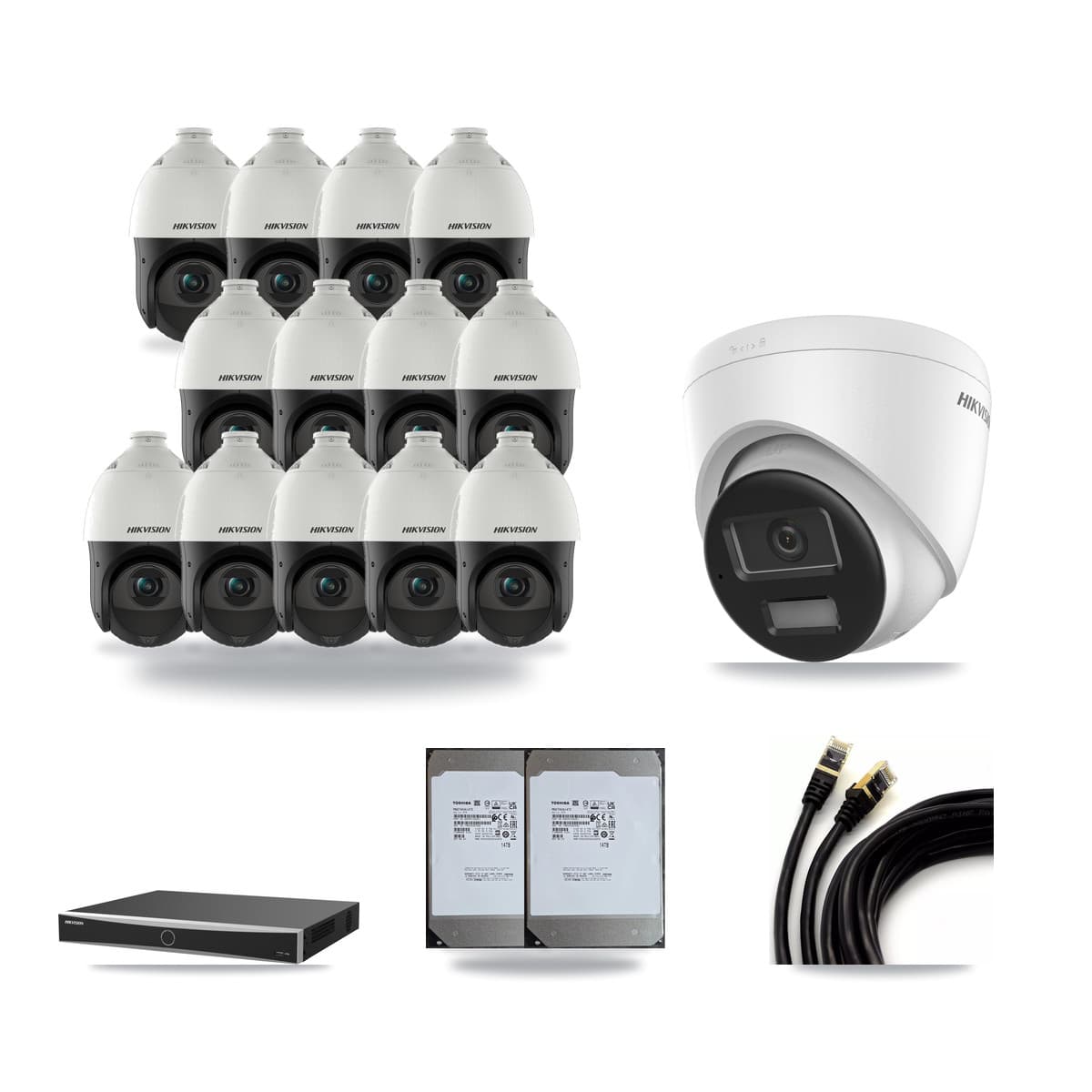 Hikvision 16-Channel 4MP – 4K CCTV Kit — 1 4K Turret + 13 4MP PTZ Cameras + 2× 14TB Recording (DS-7616NXI Recorder) - Image 1