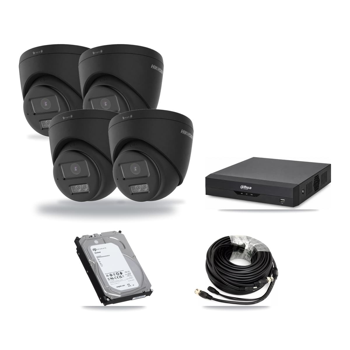 Hikvision & Dahua 4-Channel 4K CCTV Kit — 4 Black Turret Cameras + 6TB Recording - Image 1