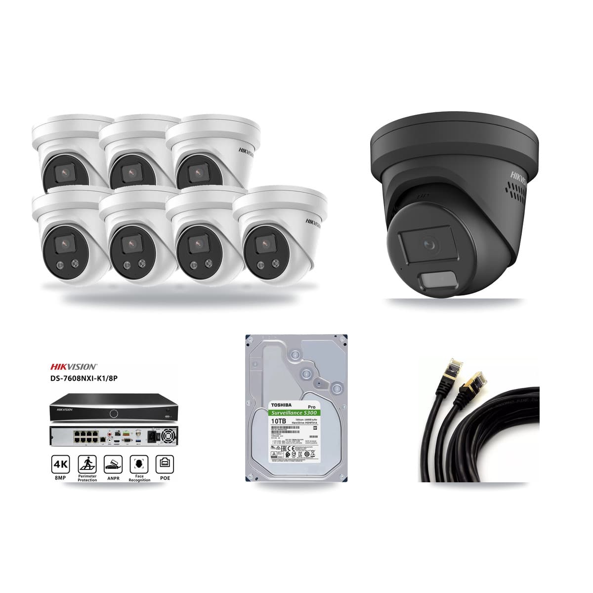 Hikvision 8-Channel 4MP – 5MP CCTV Kit — 1 Black 4MP + 7 5MP Turret Cameras + 10TB Recording - Image 1