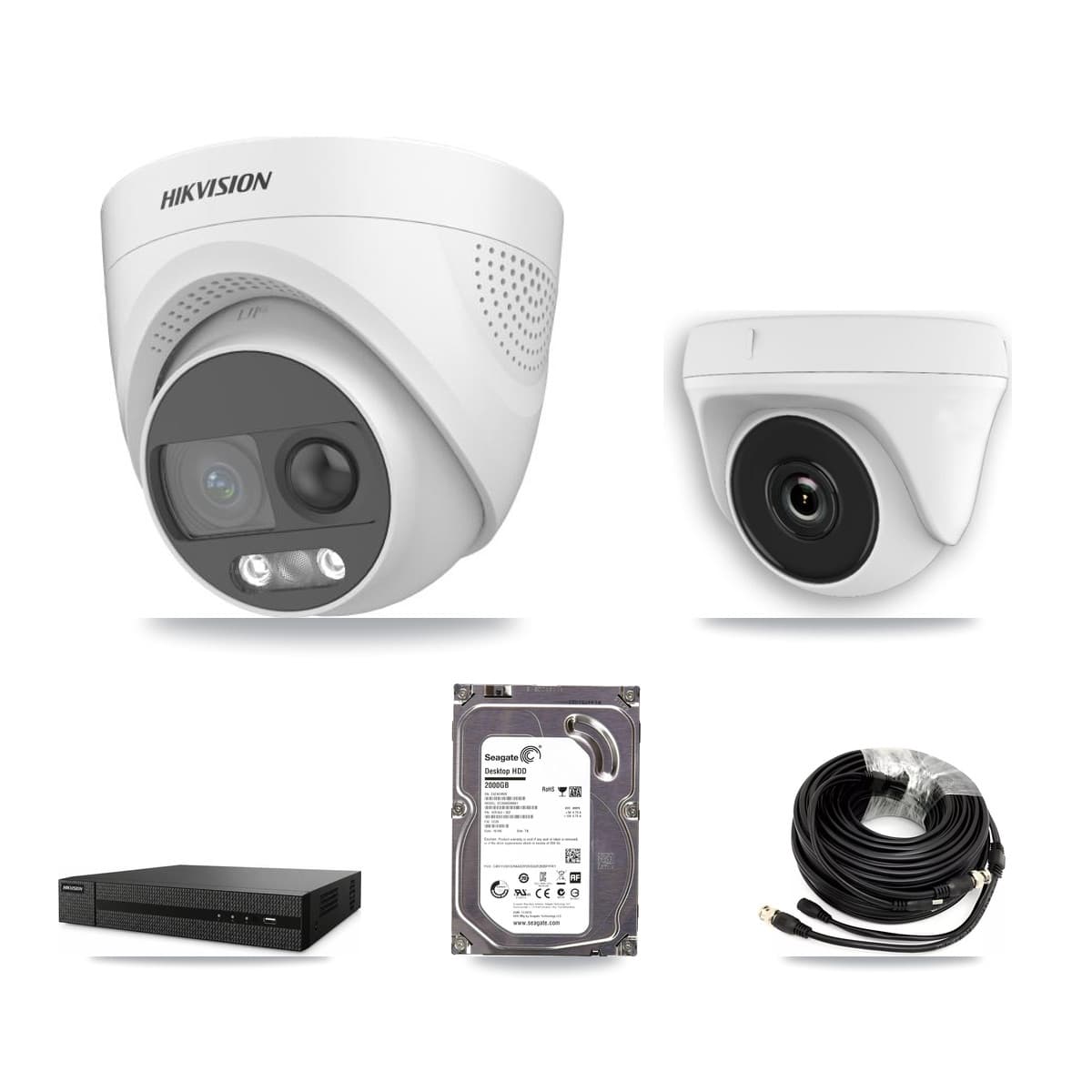 Hikvision 8-Channel 2MP – 5MP CCTV Kit — 1 DS-2CE72KF3T 5MP Turret + 1 White HDT-2MP-N20W 2MP Dome Cameras + 2TB Recording (DVR-8CH Recorder)