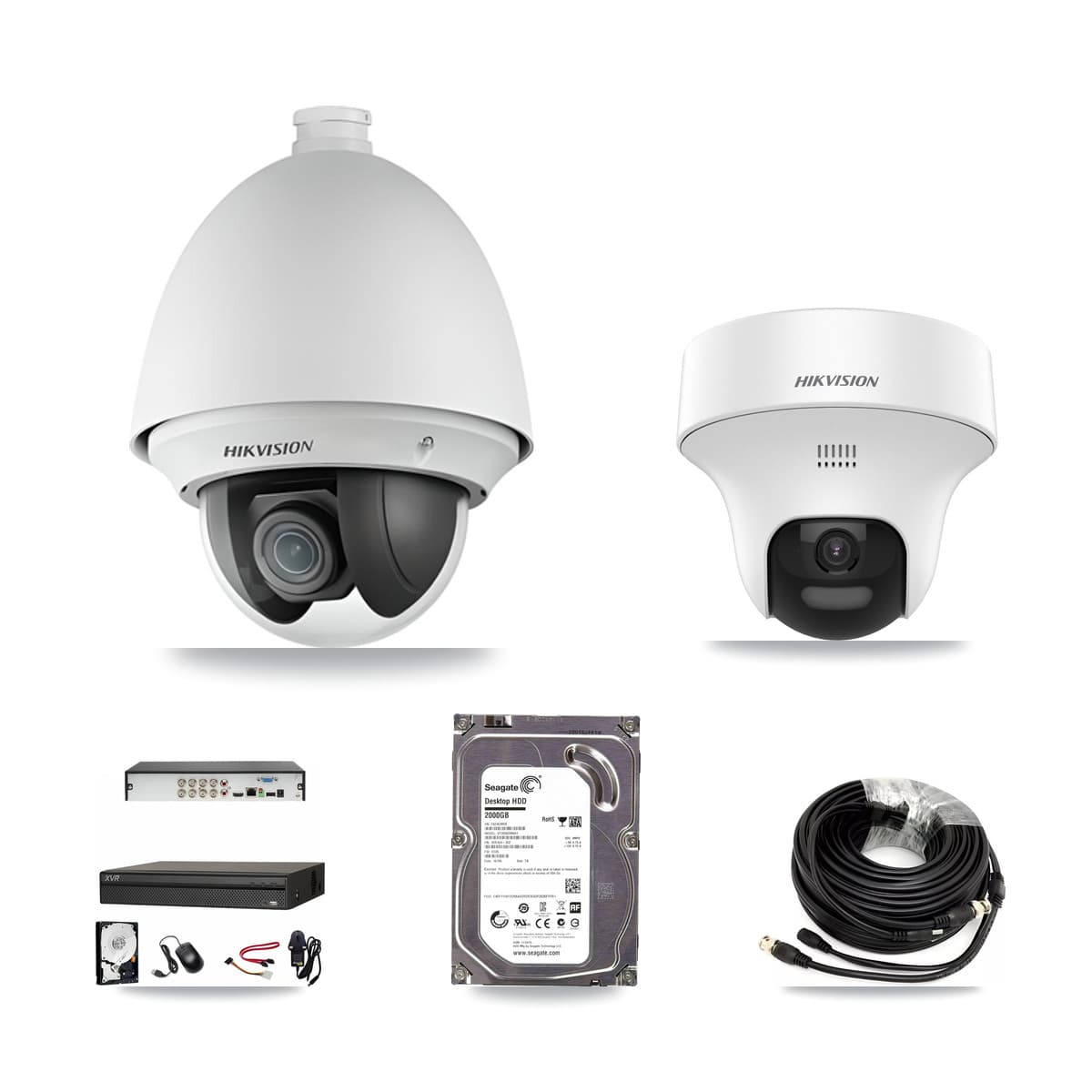 Hikvision & Dahua 8-Channel 2MP – 5MP CCTV Kit — 1 DS-2AE4225T 2MP PTZ + 1 DS-2CE70K0T 5MP Turret Cameras + 2TB Recording (XVR-3108AD Recorder)