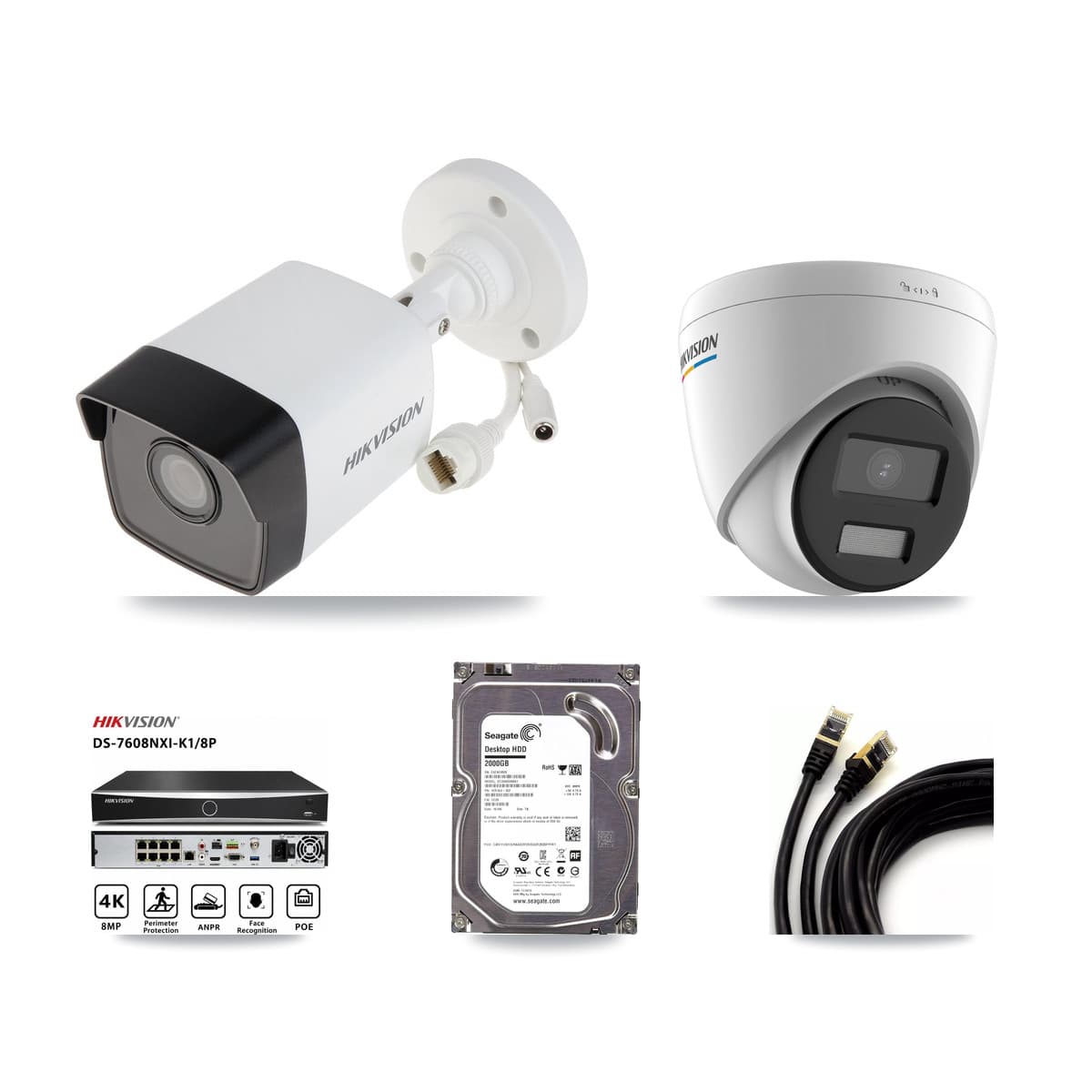 Hikvision 8-Channel 2MP – 5MP CCTV Kit — 1 5MP Bullet + 1 2MP Turret Cameras + 2TB Recording (DS-7608NXI Recorder)