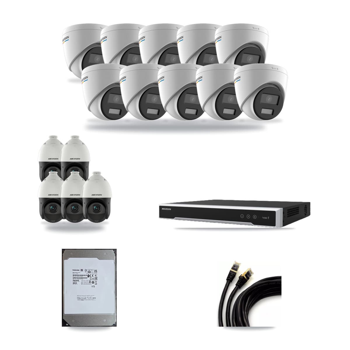 Hikvision 16-Channel 2MP – 4MP CCTV Kit — 10 2MP Turret + 5 4MP PTZ Cameras + 14TB Recording (DS-7616NI-M2 Recorder) - Image 1