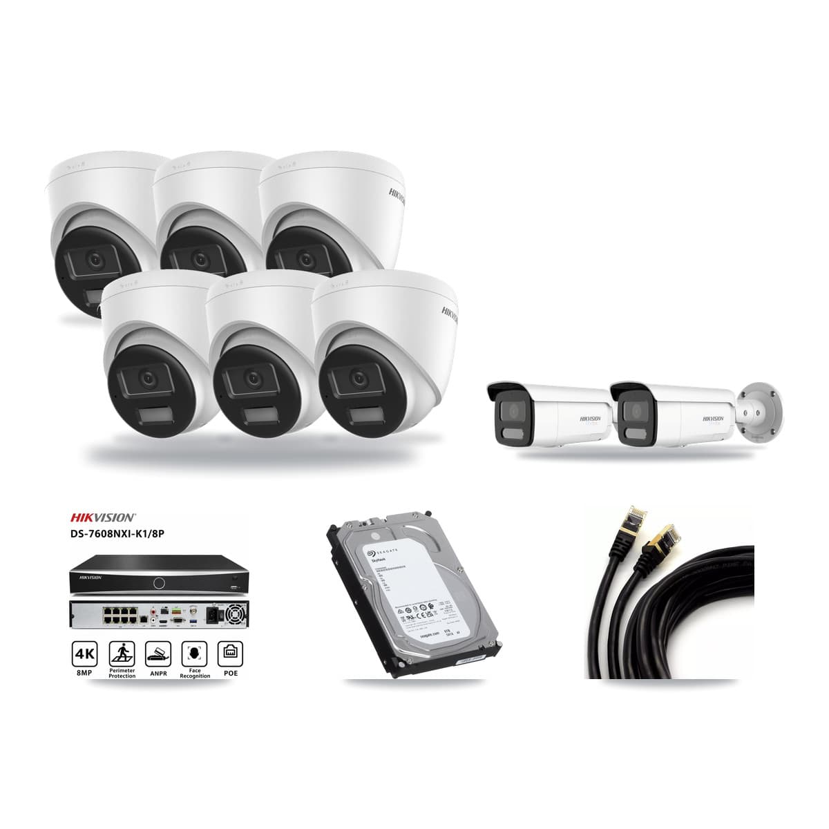 Hikvision 8-Channel 4K CCTV Kit — 6 DS-2CD1383G2-LIU Turret + 2 White DS-2CD2T87G2H-LISU/SL-2.8MM-W Bullet Cameras + 6TB Recording (DS-7608NXI-K1/8P Recorder) - Image 1