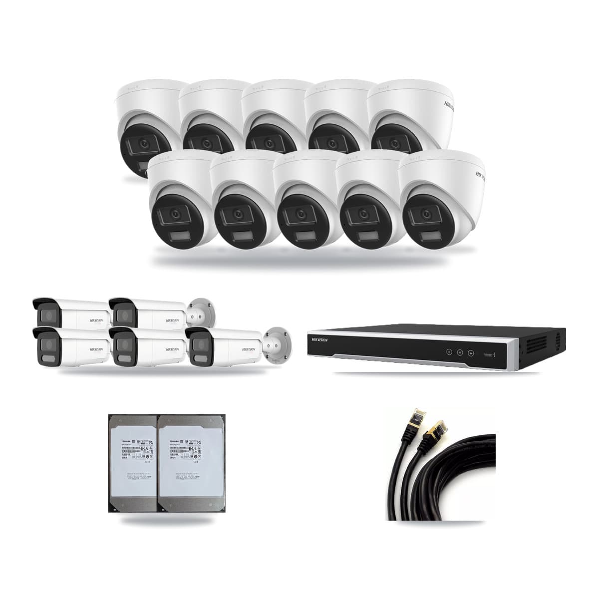 Hikvision 16-Channel 4K CCTV Kit — 10 Turret + 5 White Bullet Cameras + 2× 14TB Recording (DS-7616NI-M2 Recorder) - Image 1