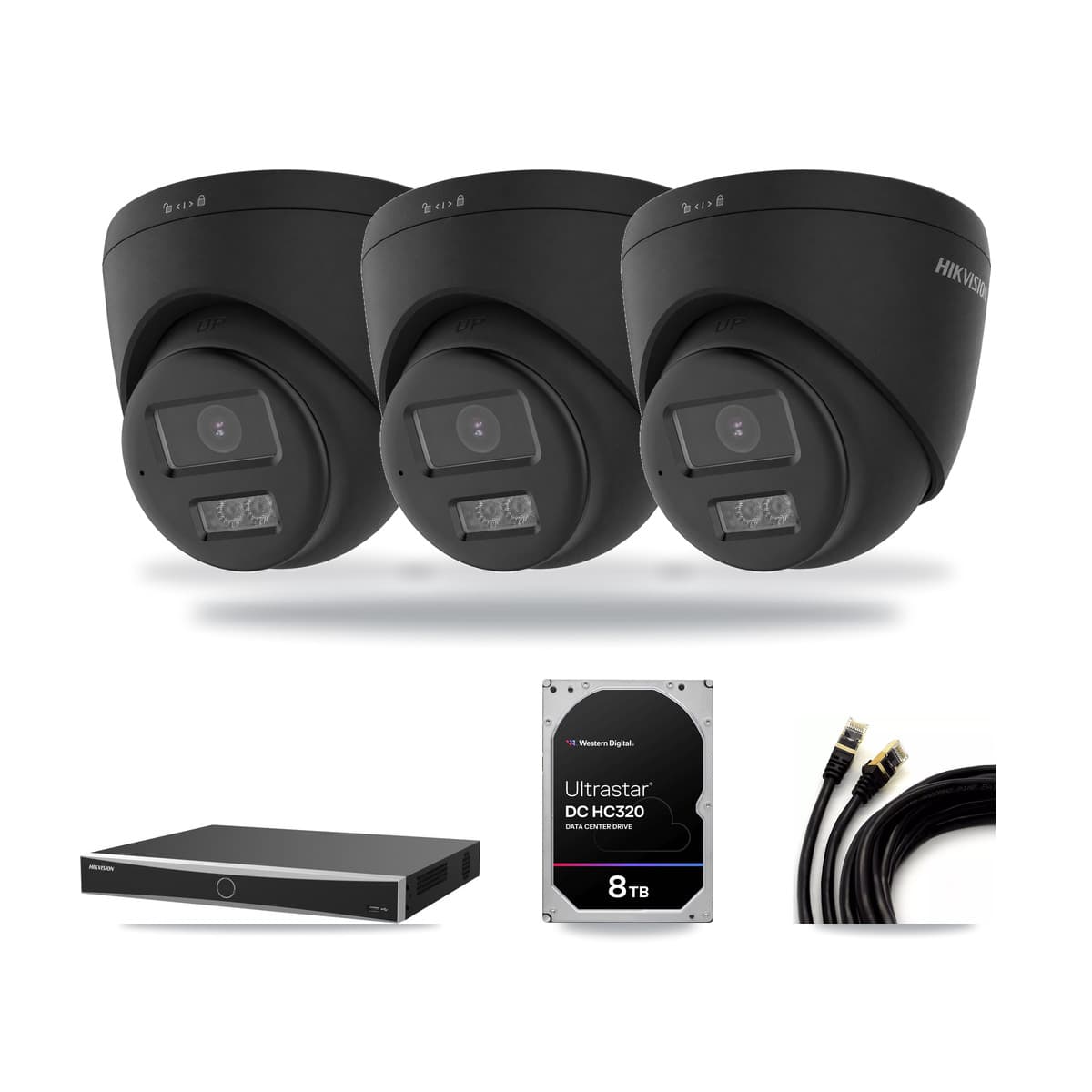 Hikvision 16-Channel 4K CCTV Kit — 3 Black DS-2CD1383G2 Turret Cameras + 8TB Recording (DS-7616NXI Recorder) - Image 1
