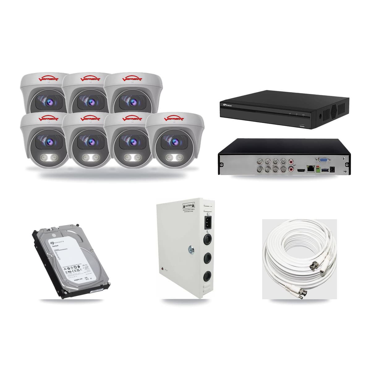 Viper & Prolux 8-Channel 5MP CCTV Kit — 7 White Cameras + 6TB Recording (PXD-5108HS Recorder) - Image 1