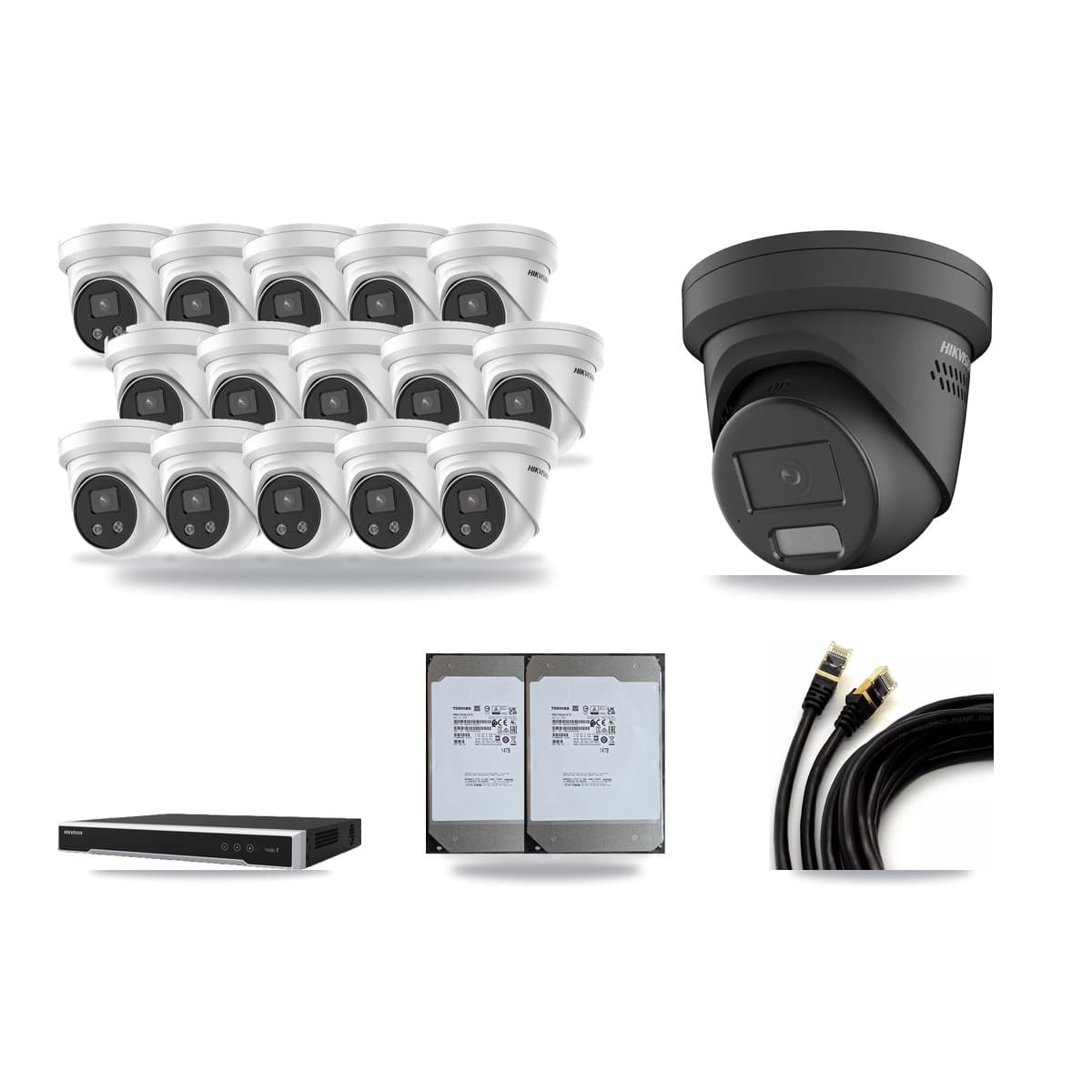 Hikvision 16-Channel 4MP – 5MP CCTV Kit — 1 Black 4MP + 15 5MP Turret Cameras + 2× 14TB Recording (DS-7616NI-M2 Recorder) - Image 1