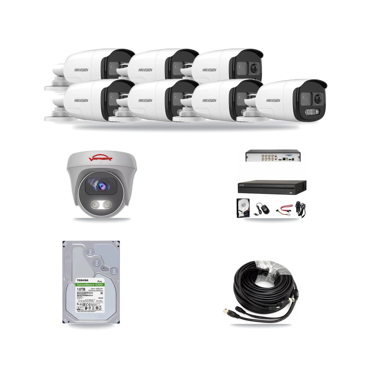 8-Channel 5MP CCTV Kit — 7 DS-2CE12KF3T Bullet + 1 White VIPER-5MP-3K Cameras + 10TB Recording (XVR-3108AD Recorder) - Image 1