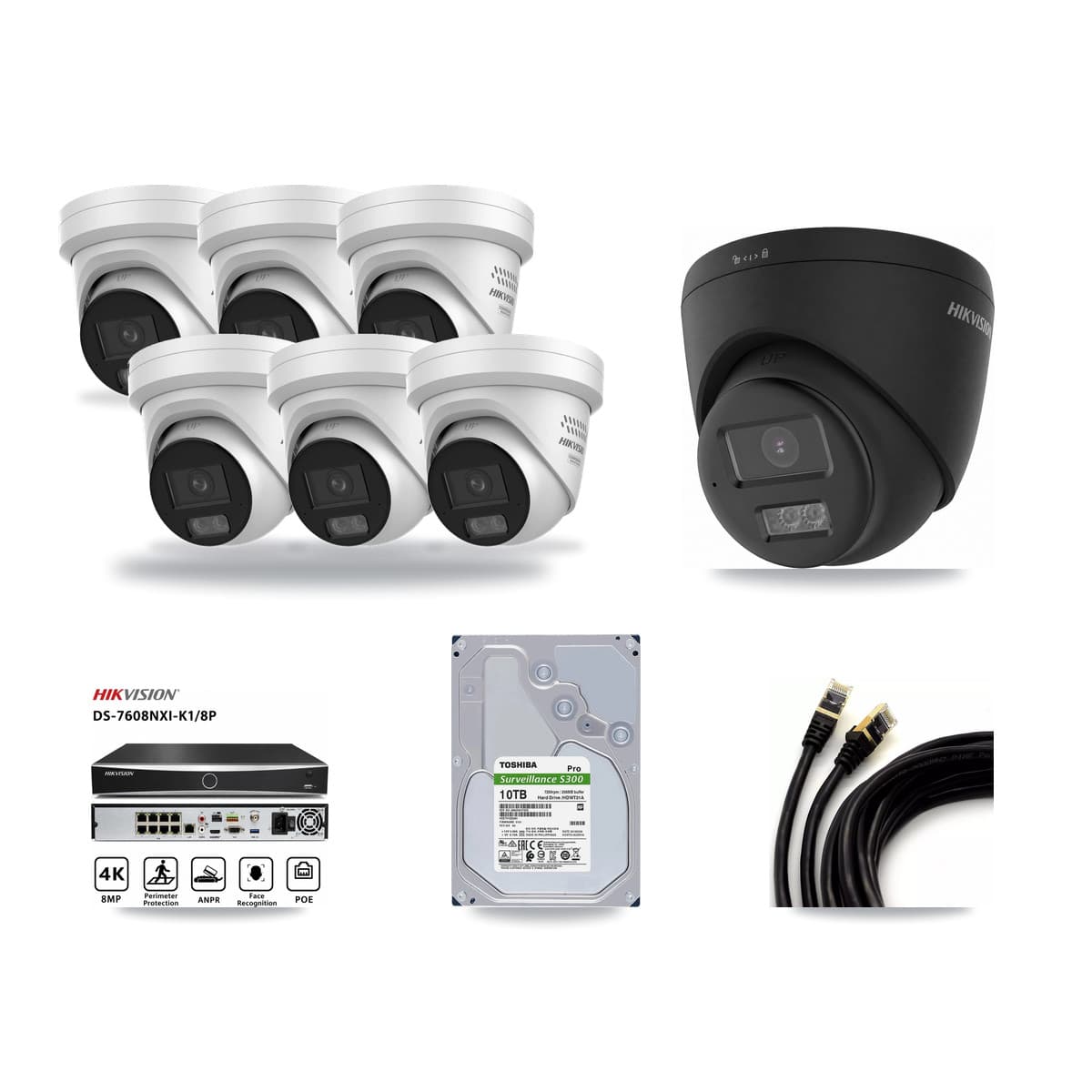 Hikvision 8-Channel 4MP – 4K CCTV Kit — 1 Black 4K + 6 4MP Turret Cameras + 10TB Recording - Image 1