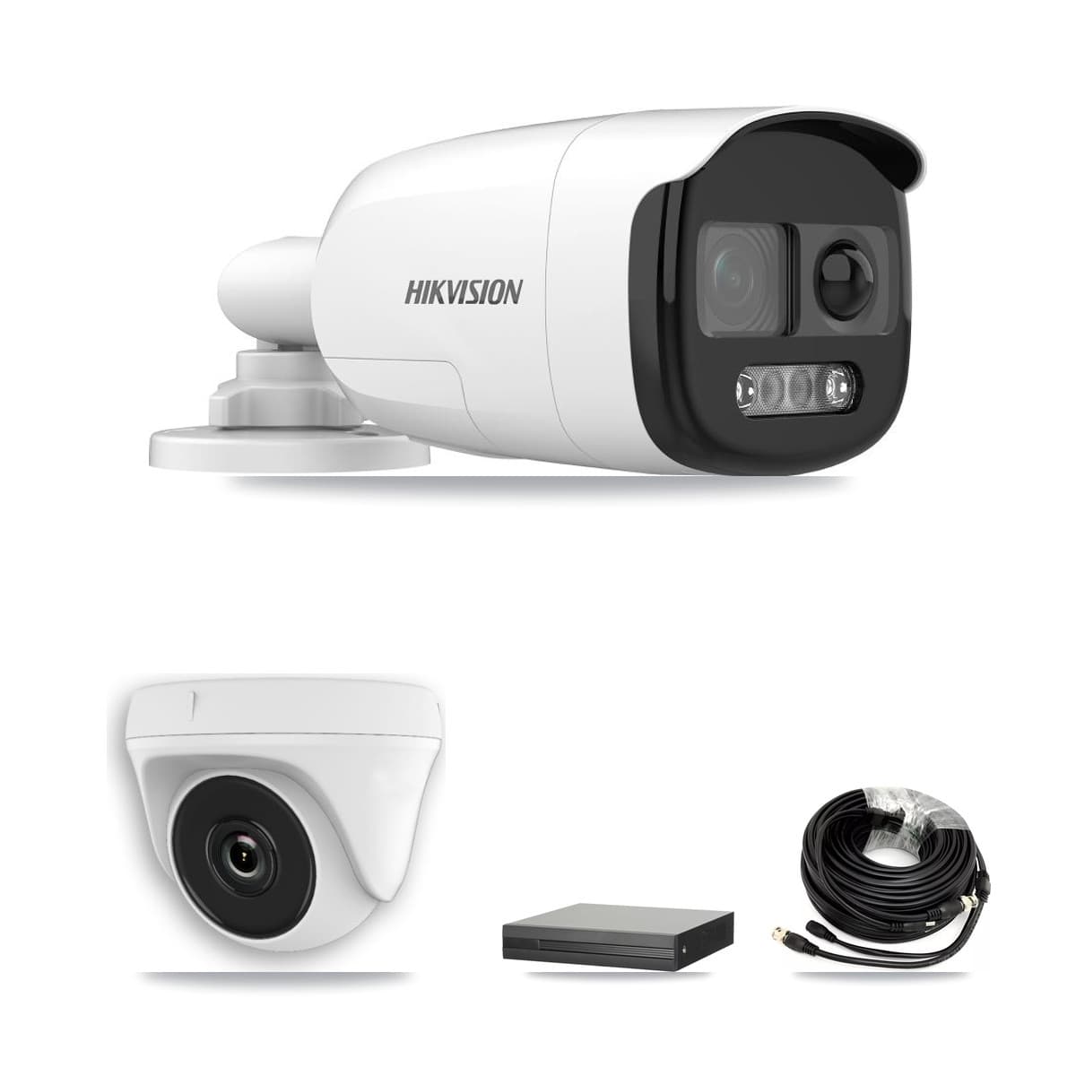 Hikvision 4-Channel 2MP – 5MP CCTV Kit — 1 DS-2CE12KF3T 5MP Bullet + 1 White HDT-2MP-N20W 2MP Dome Cameras + 2TB Recording (XVR-3104HS Recorder)